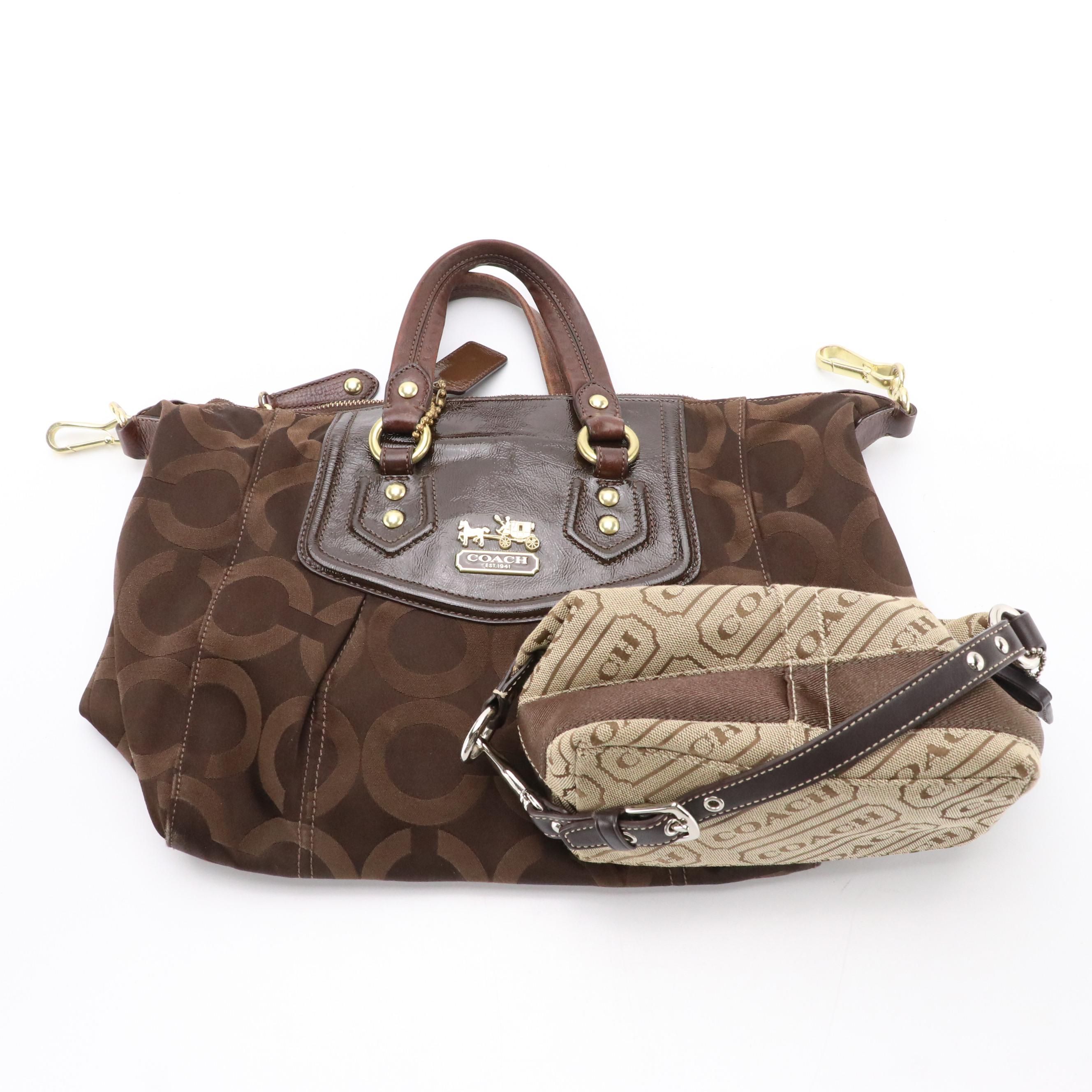 Coach Logo Canvas Handbag, Brown Satin 2Way OP Art Tote with Patent Leather Trim