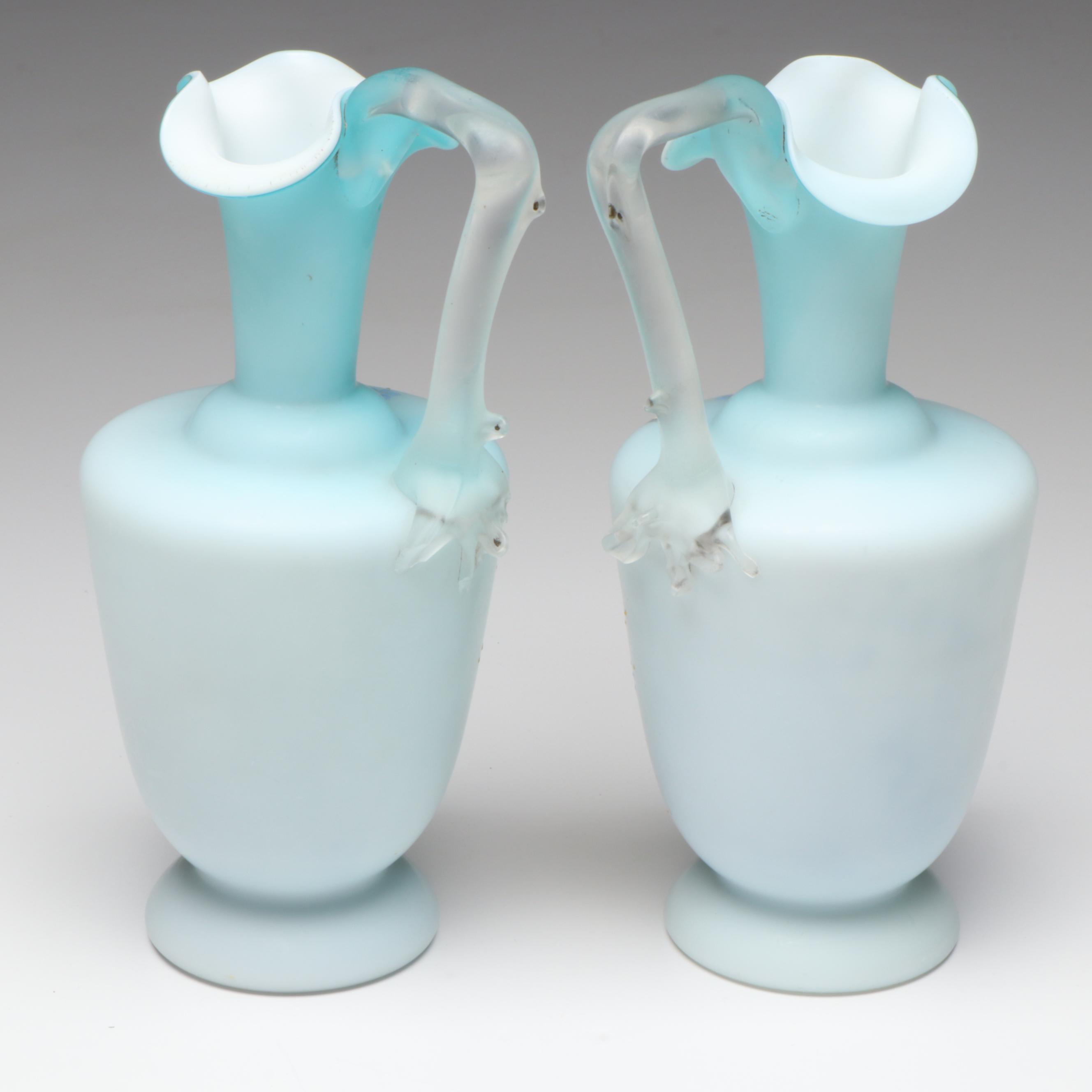 Pair of Victorian English Satin Glass Ewers, Late 19th/Early 20th Century