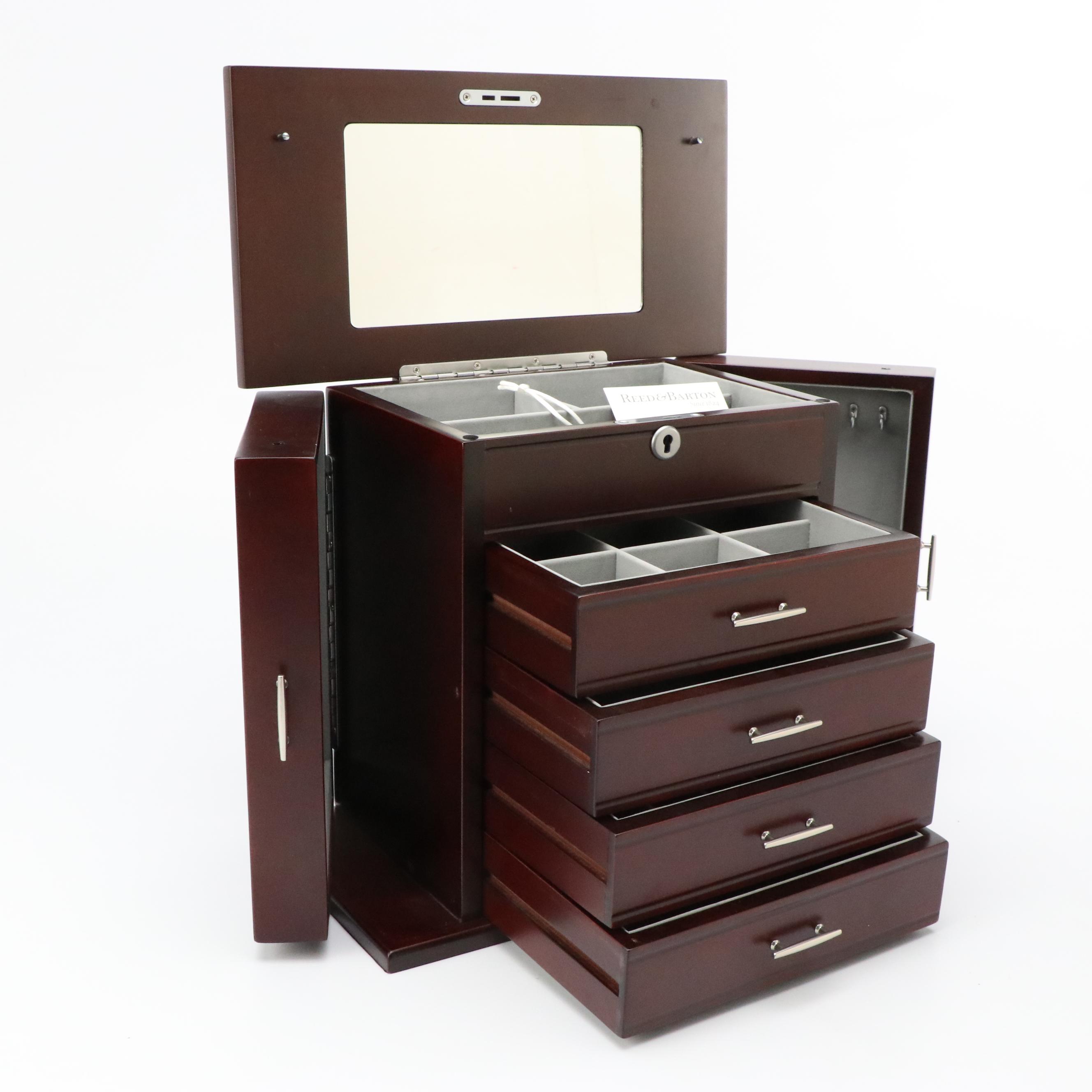 Jere Mahogany Finish Locking Jewelry Box with Silver Drawer Pulls