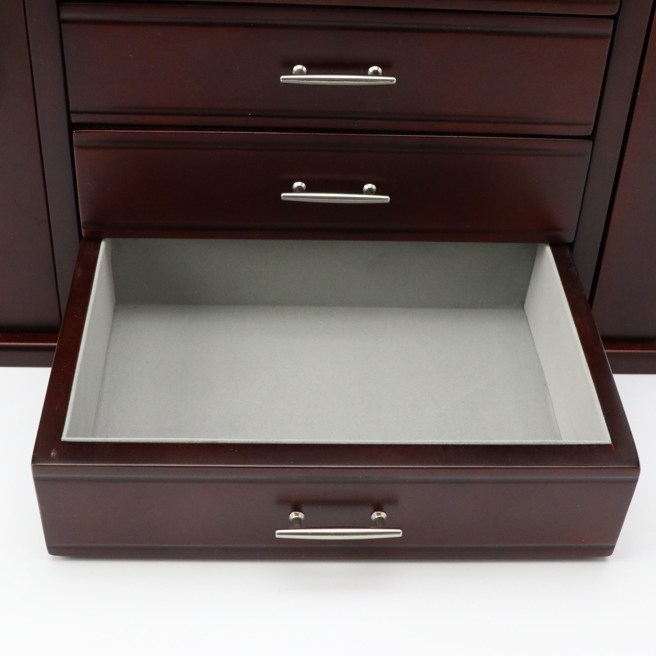 Jere Mahogany Finish Locking Jewelry Box with Silver Drawer Pulls