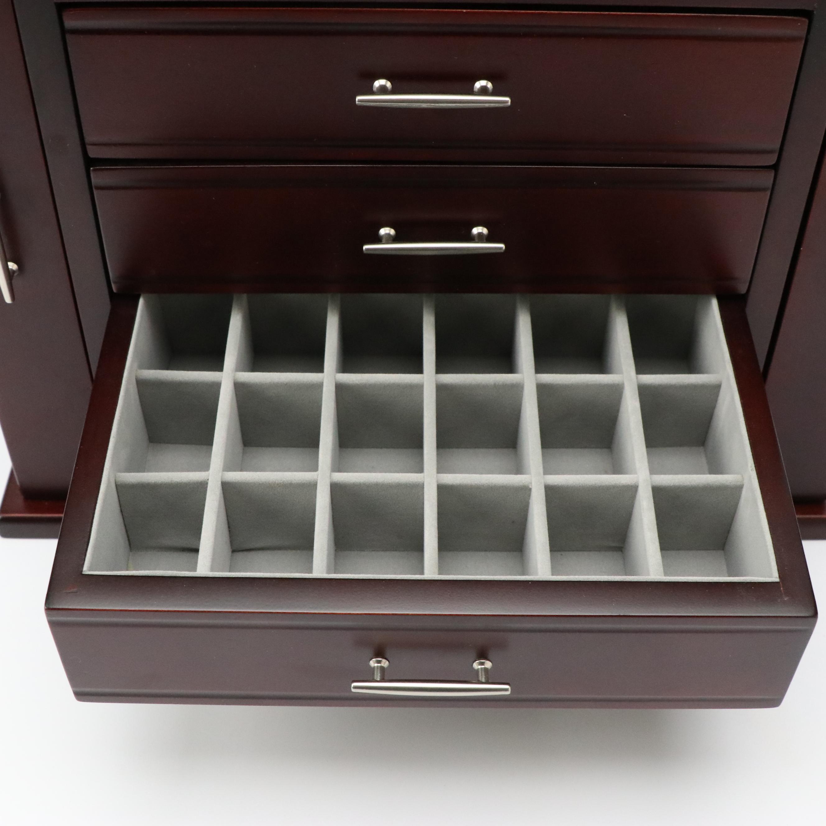 Jere Mahogany Finish Locking Jewelry Box with Silver Drawer Pulls