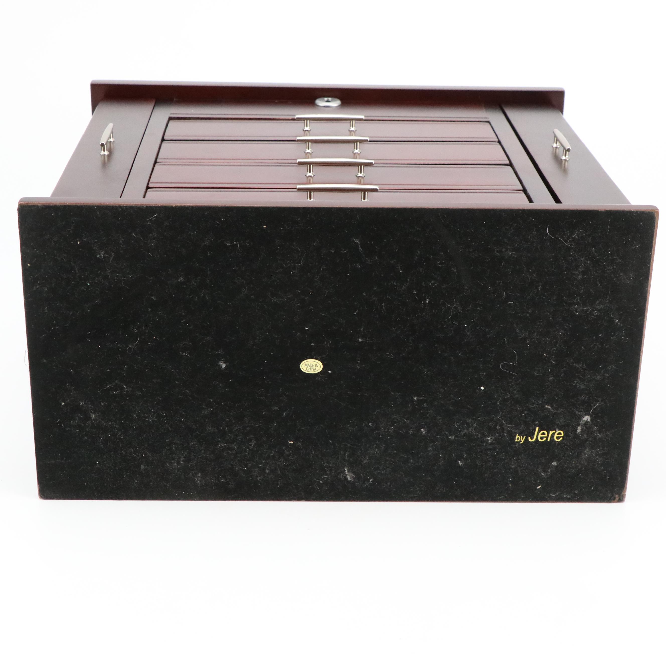 Jere Mahogany Finish Locking Jewelry Box with Silver Drawer Pulls
