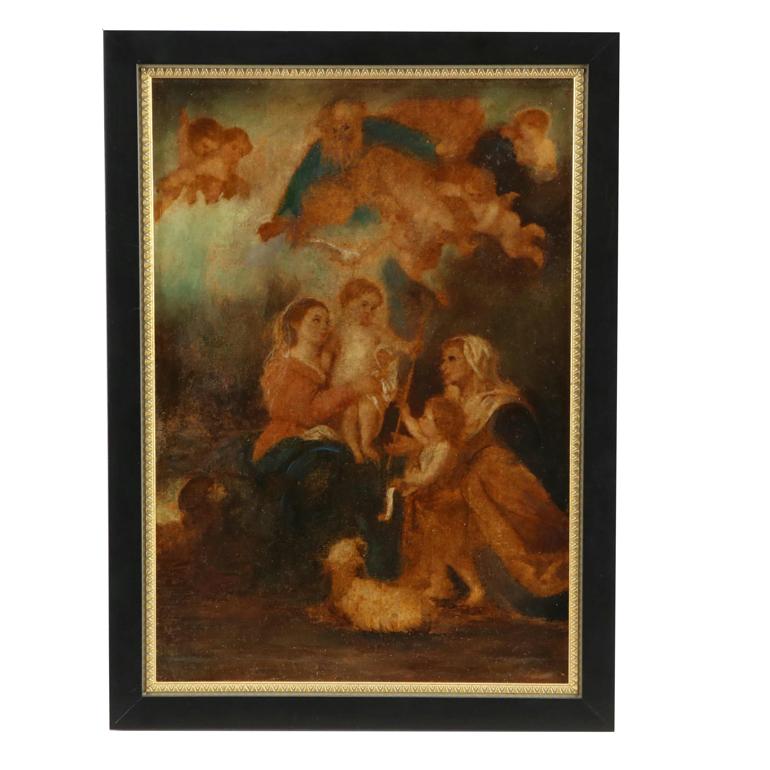 Oil Painting After Bartolomé Estebán‏ Murillo "The Holy Family," 18th Century