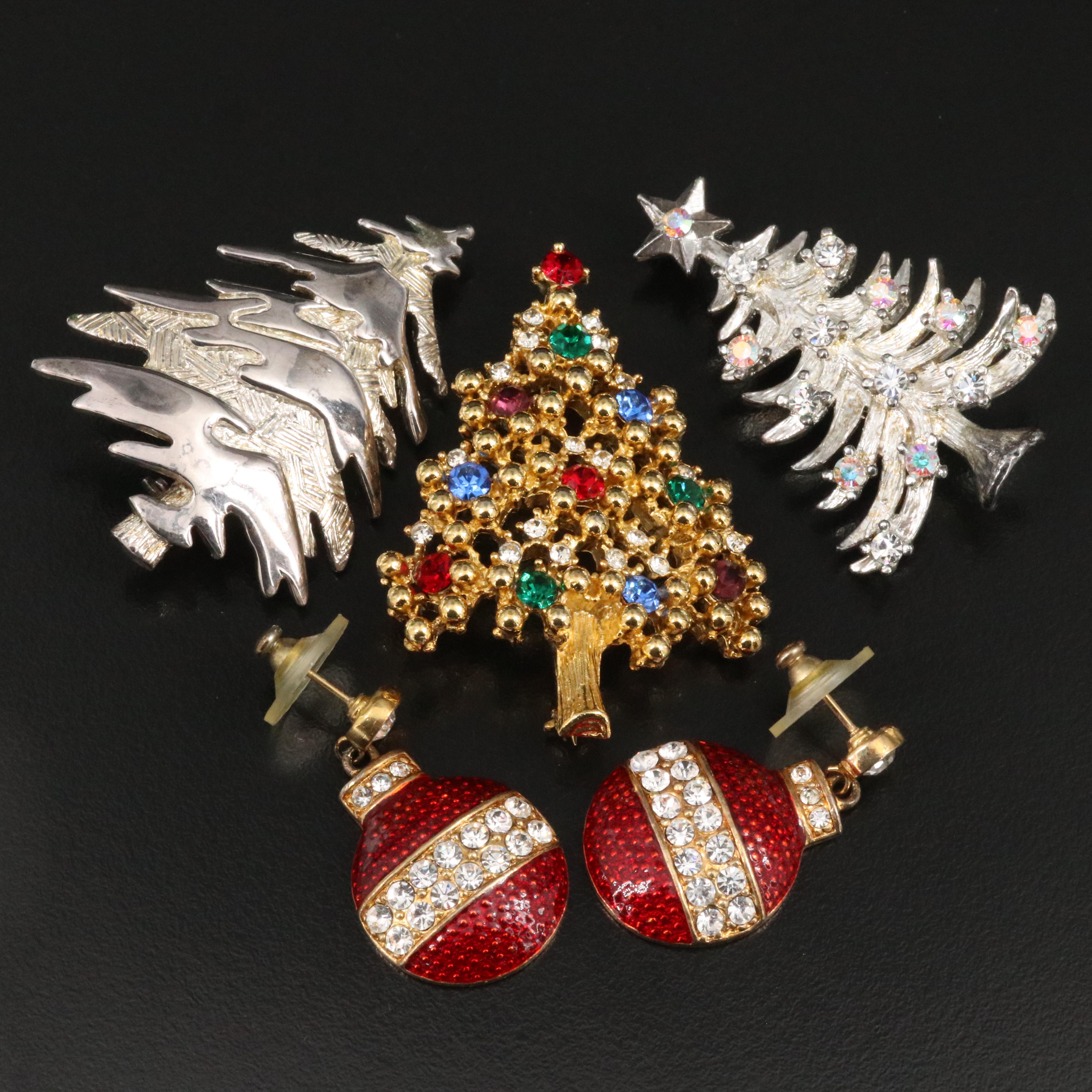 Eisenberg Ice Christmas Tree Brooches and Ornament Earrings