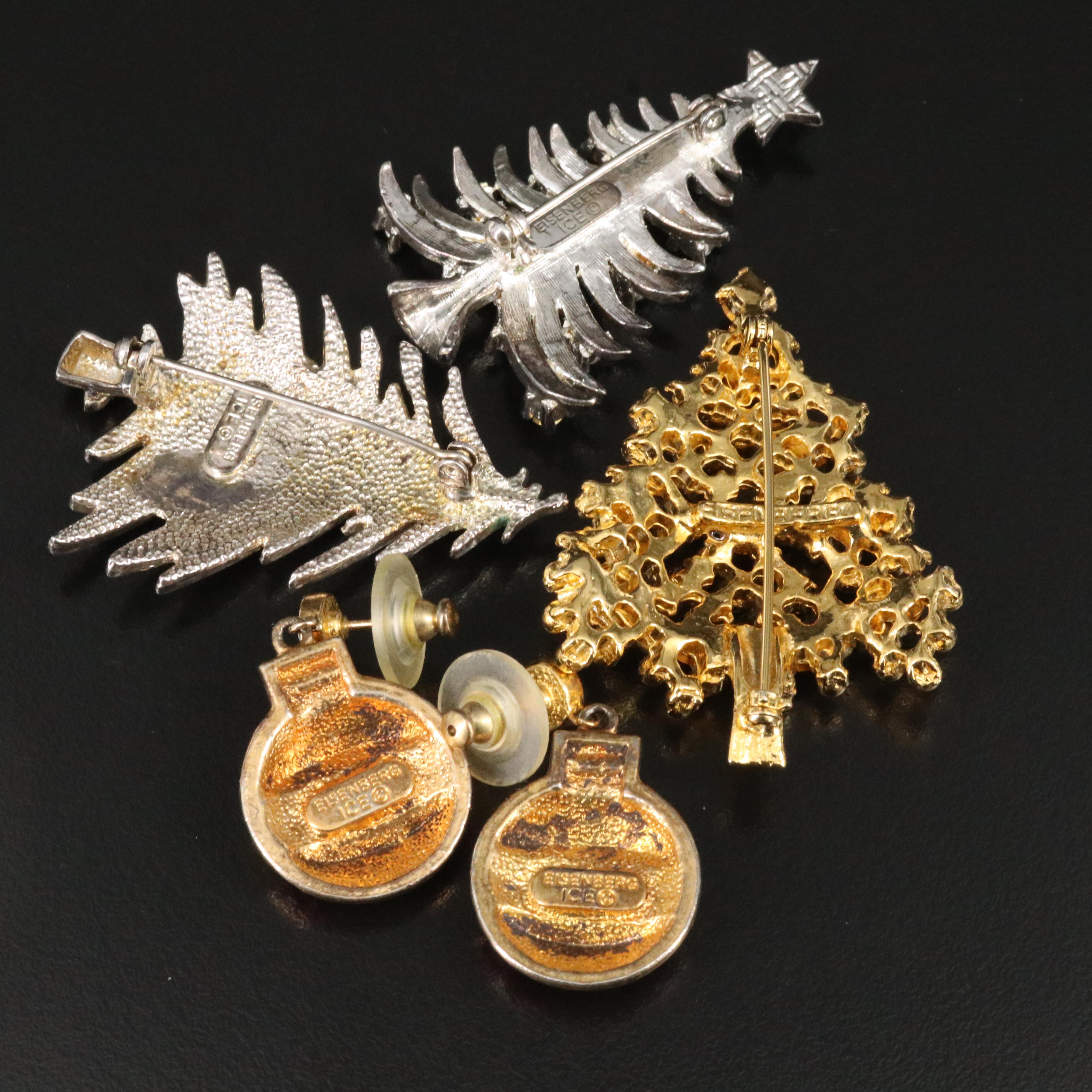 Eisenberg Ice Christmas Tree Brooches and Ornament Earrings