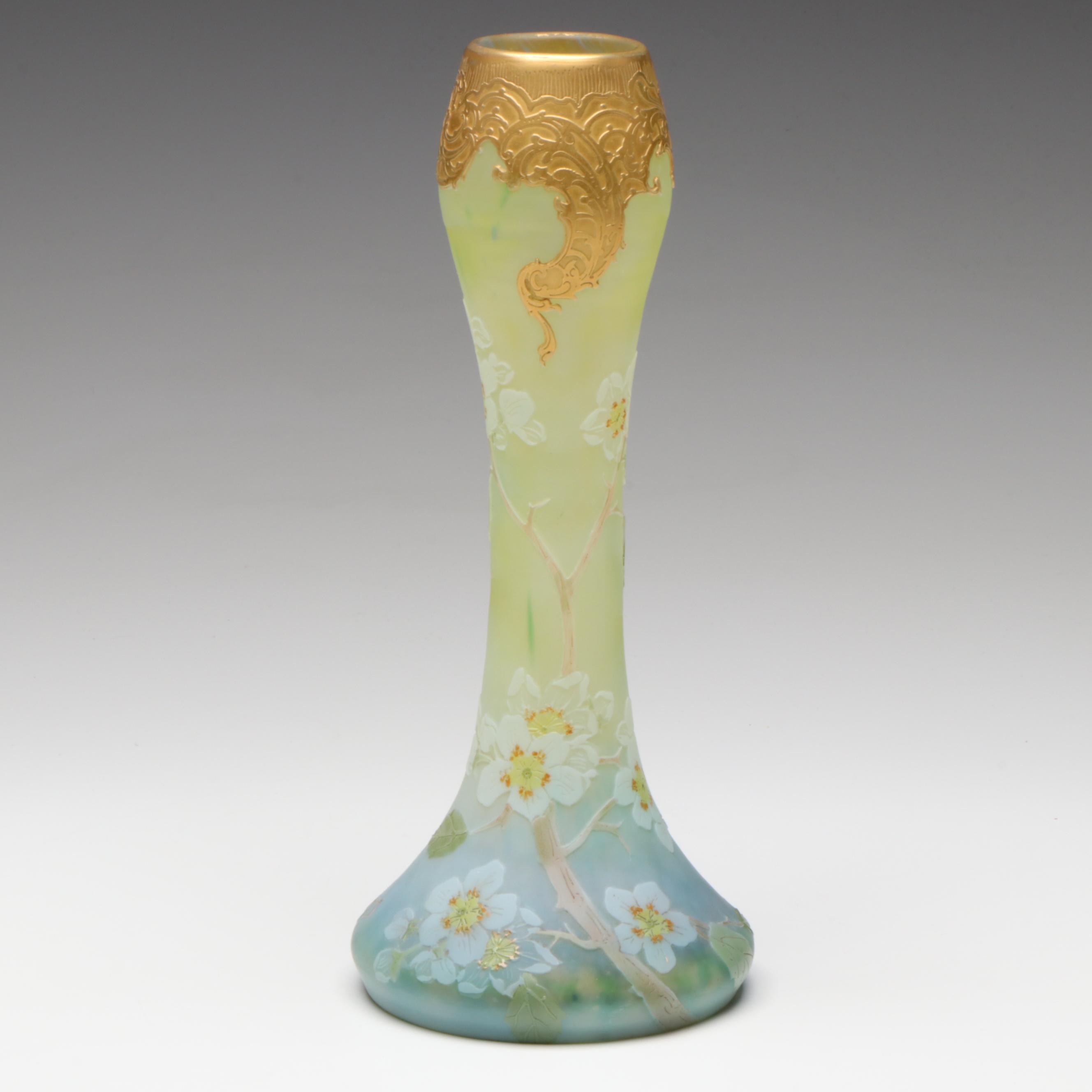 Legras French Art Nouveau Style Gilt Rimmed Apple Blossom Cameo Glass Vase