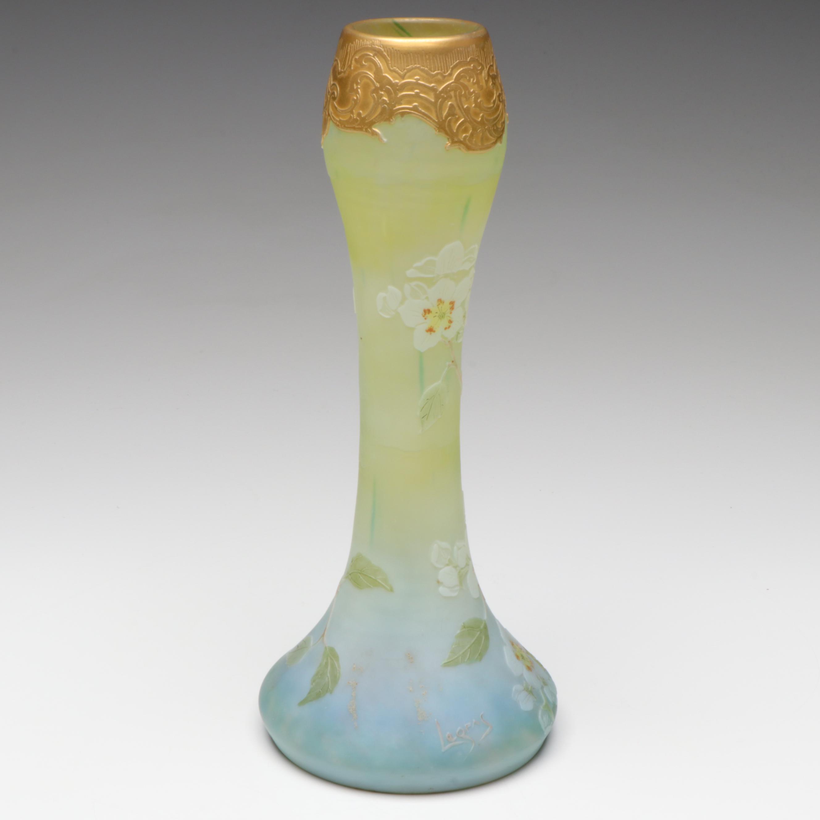 Legras French Art Nouveau Style Gilt Rimmed Apple Blossom Cameo Glass Vase