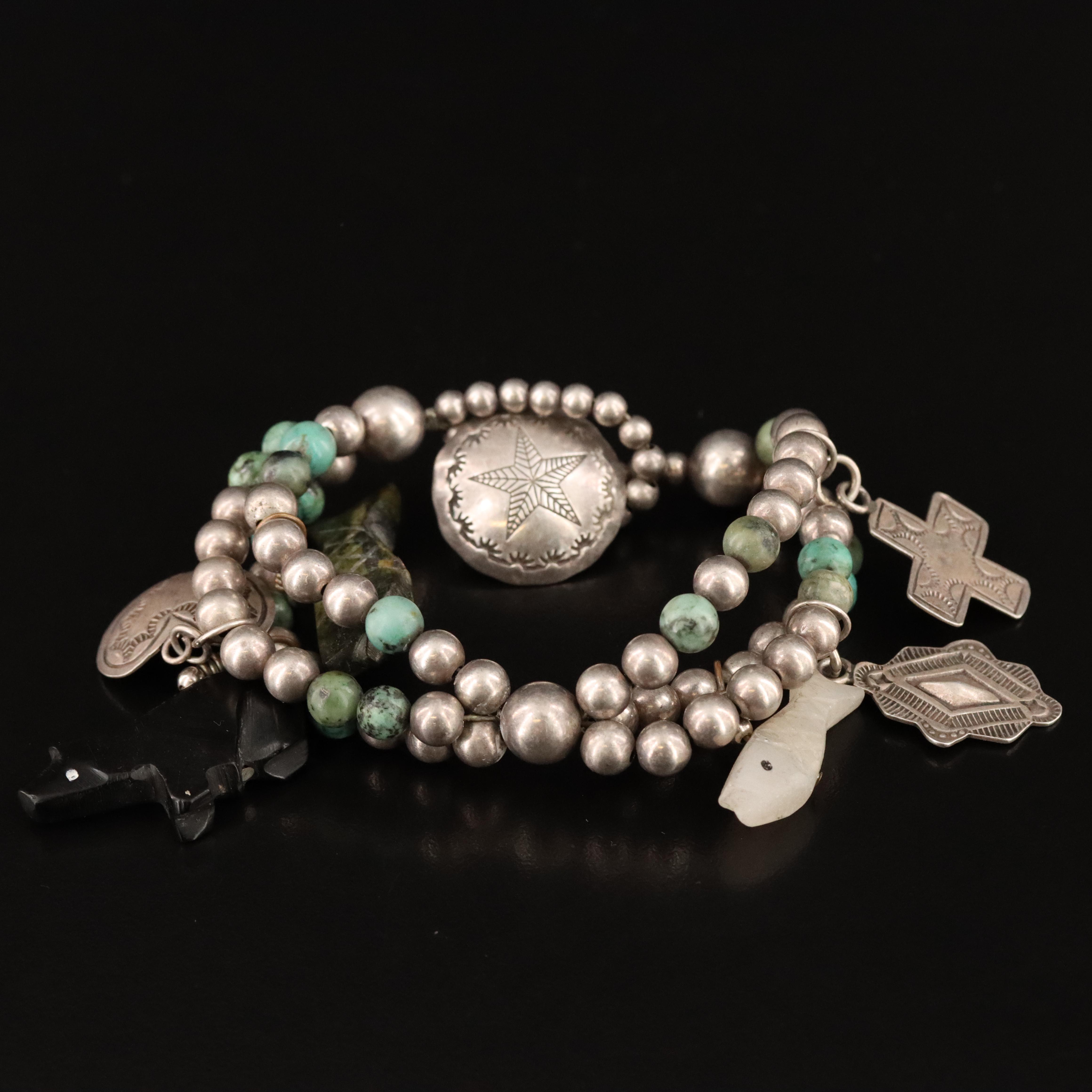 Sterling Fetish Bracelet Including Turquoise, Serpentine and Faux Black Onyx