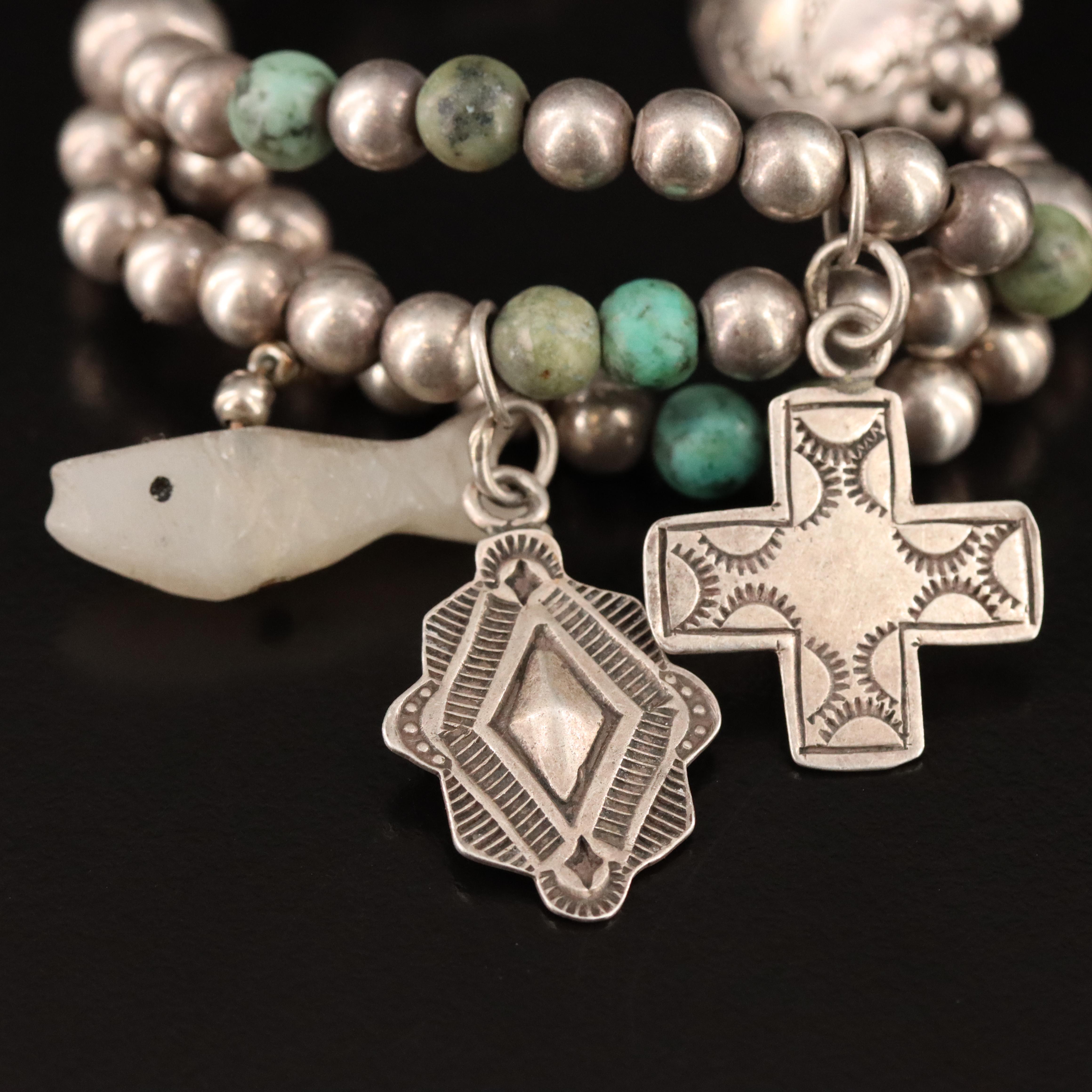 Sterling Fetish Bracelet Including Turquoise, Serpentine and Faux Black Onyx