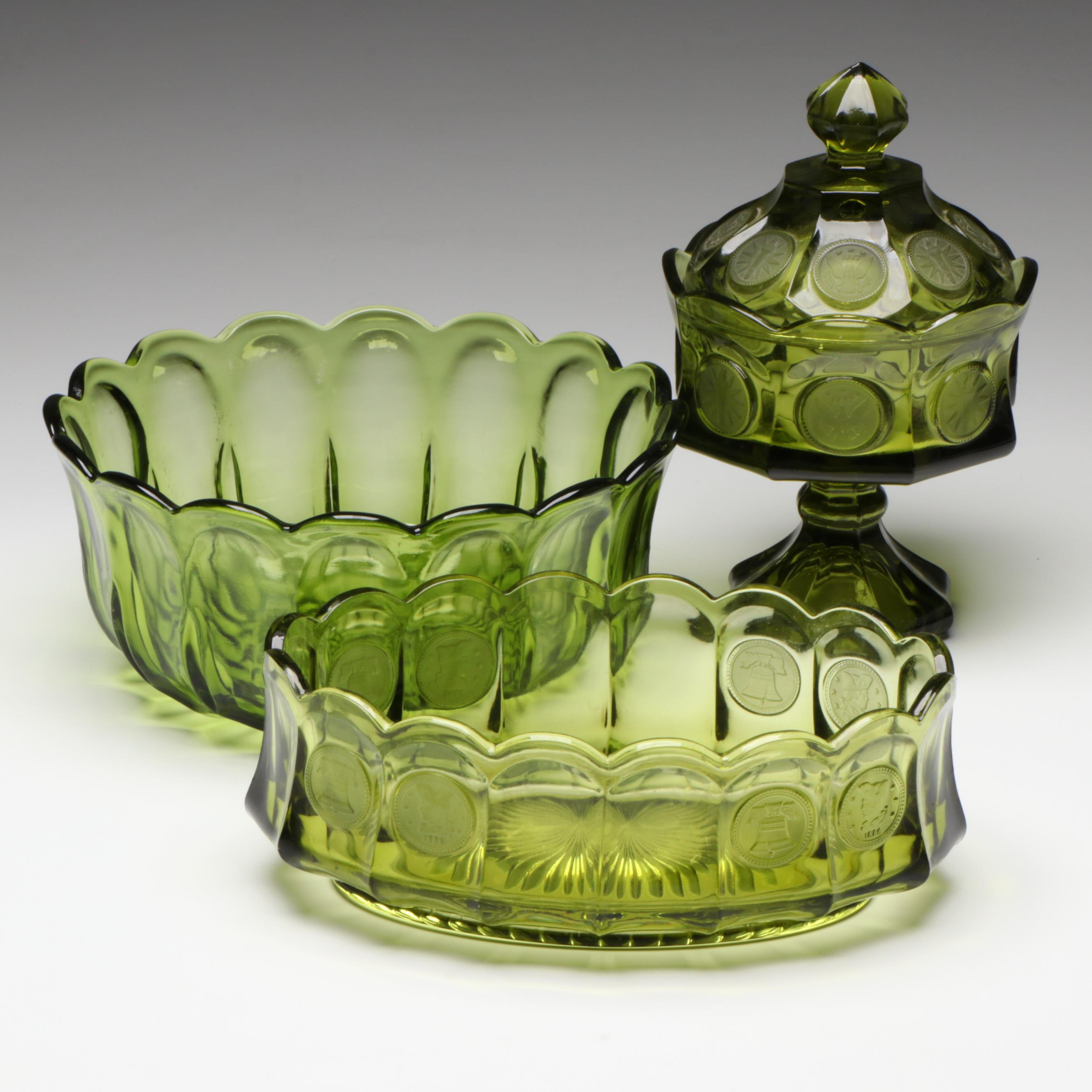 Fostoria "Coin Glass Olive Green" Glass Wedding and Other Bowls