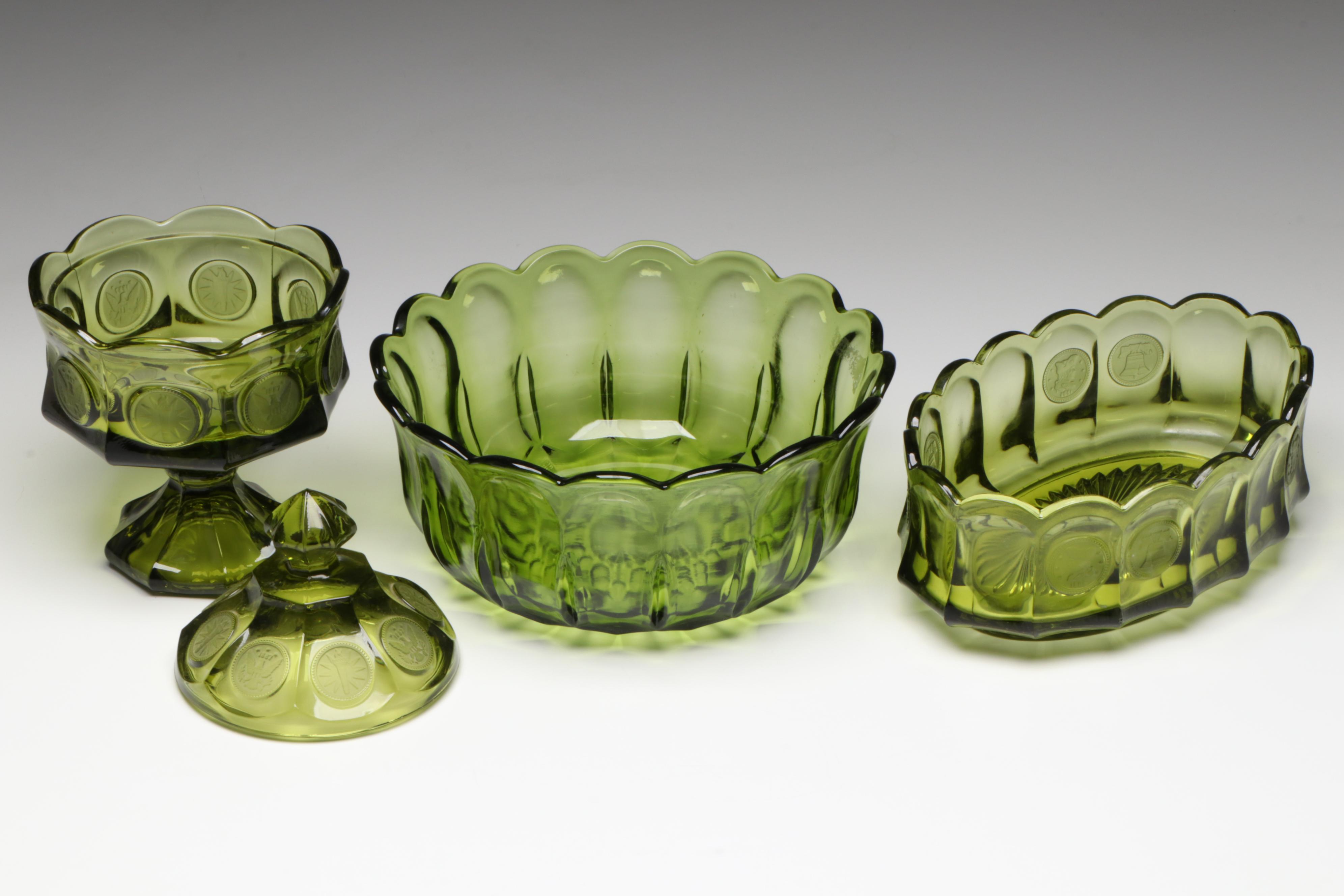 Fostoria "Coin Glass Olive Green" Glass Wedding and Other Bowls