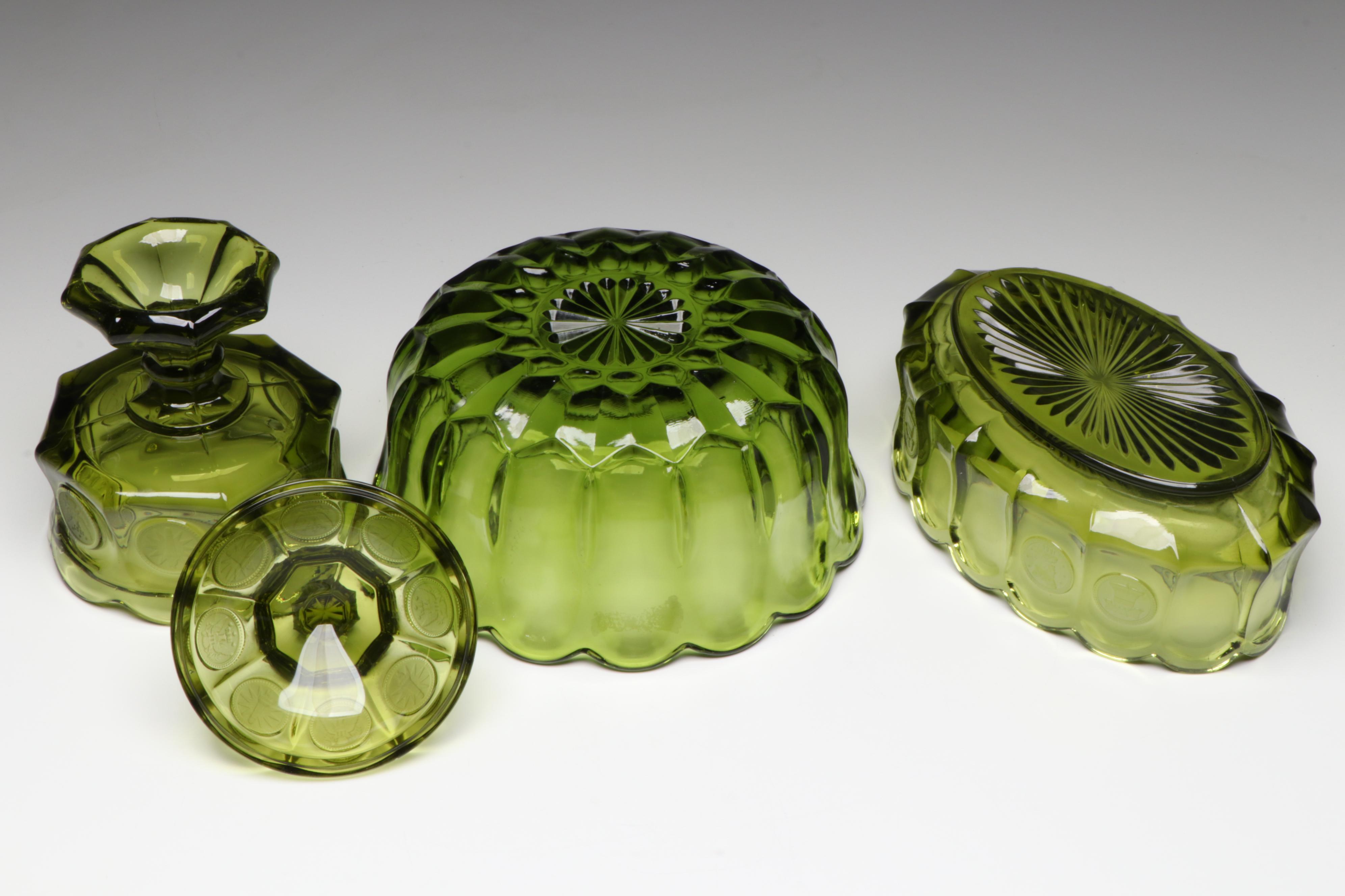 Fostoria "Coin Glass Olive Green" Glass Wedding and Other Bowls