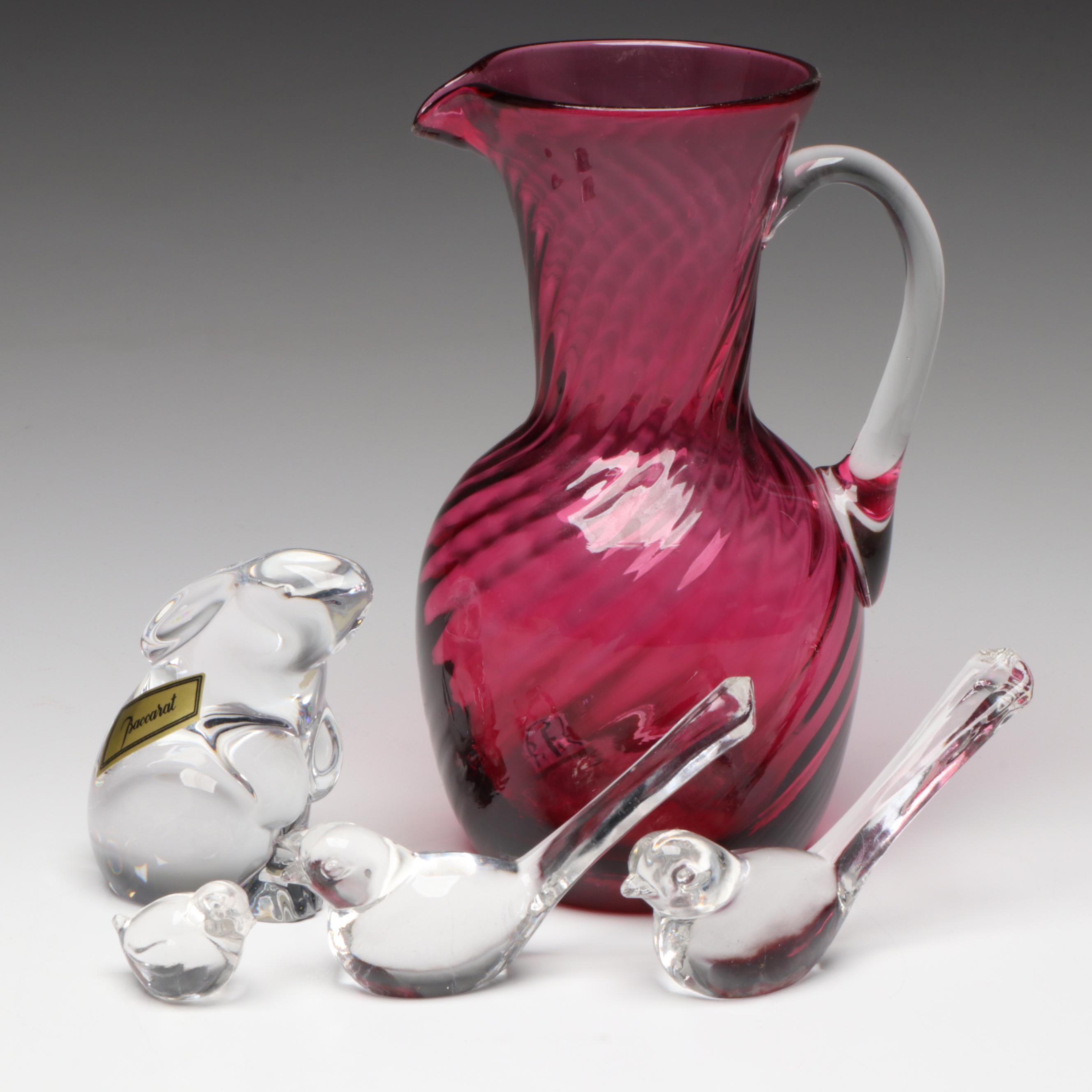 Pilgrim Cranberry Glass Pitcher, Baccarat "Sitting Rabbit" Figurine, and More