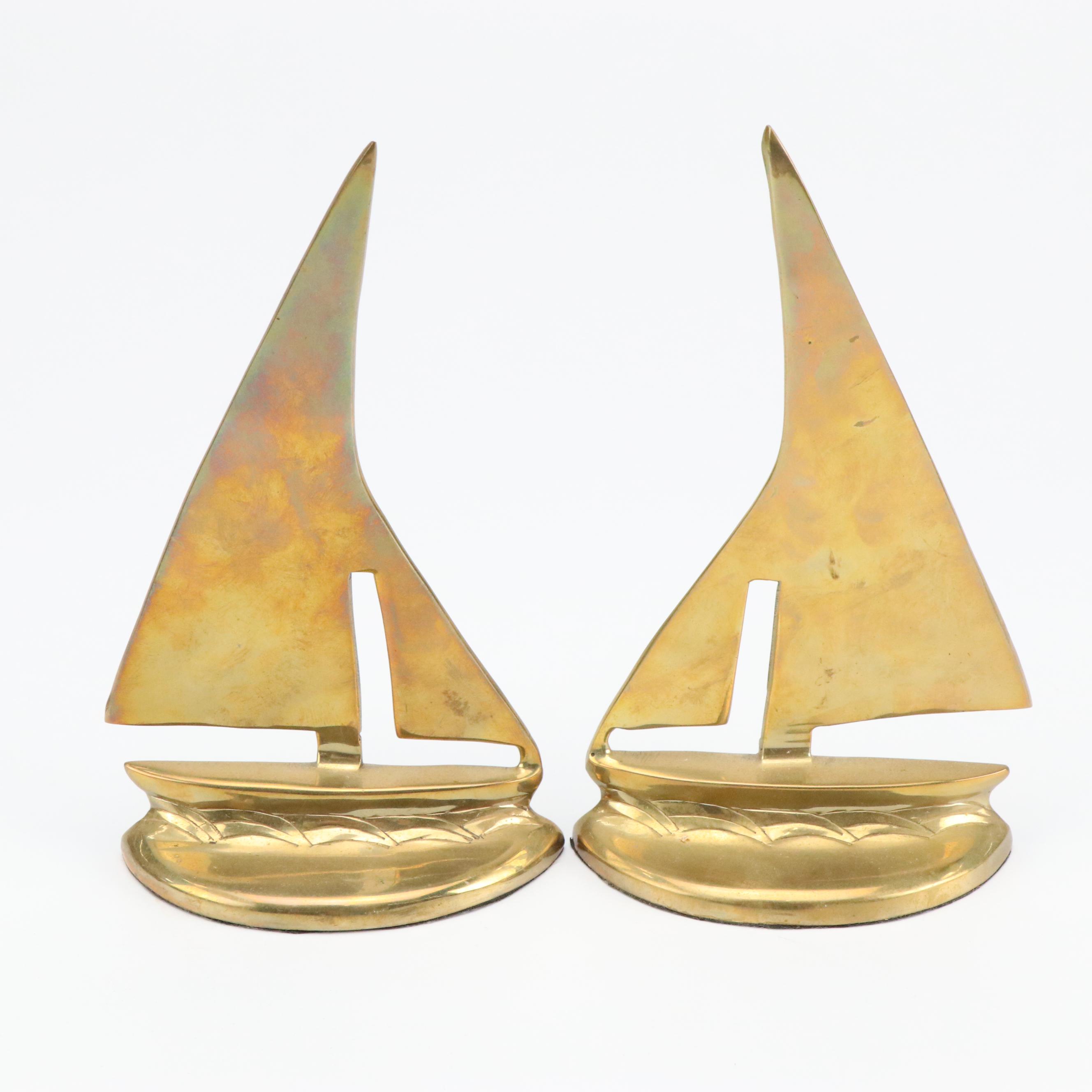 Ronson Painted Cast Brass Reading Monk and Indian Brass Sailboat Bookends
