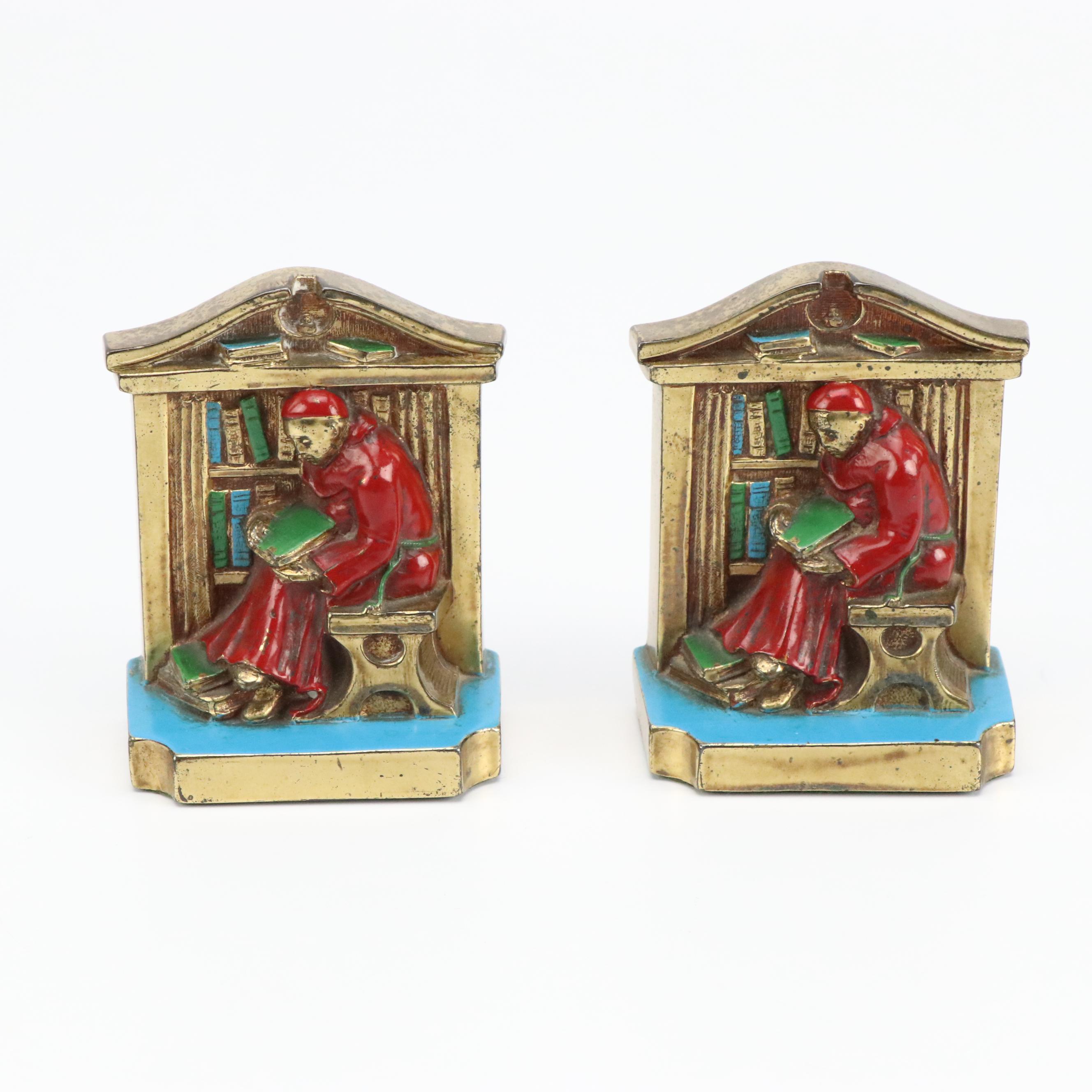 Ronson Painted Cast Brass Reading Monk and Indian Brass Sailboat Bookends