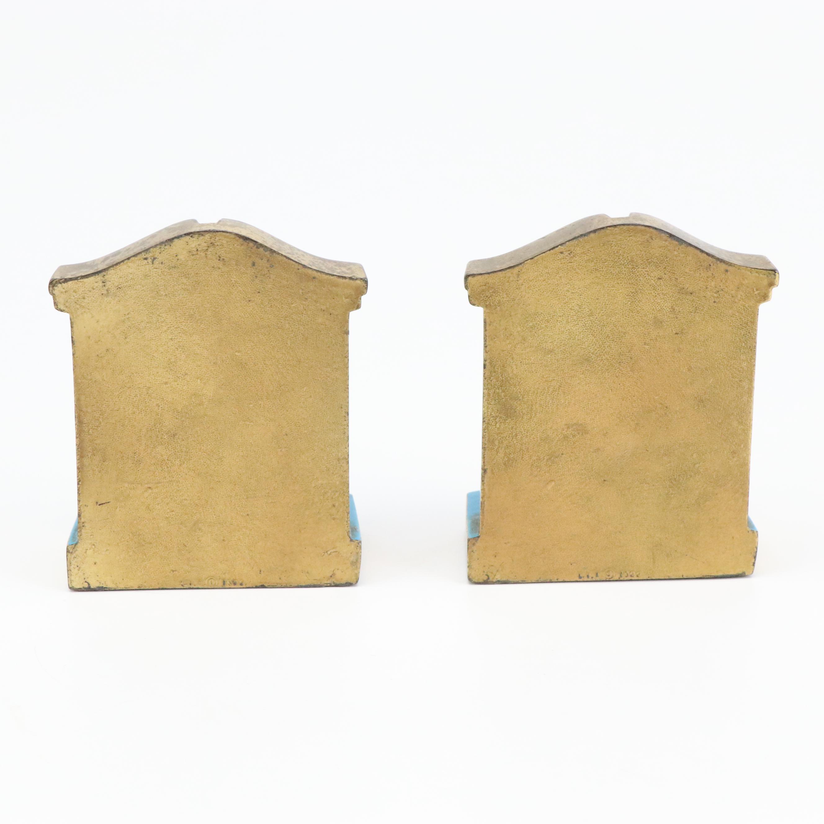 Ronson Painted Cast Brass Reading Monk and Indian Brass Sailboat Bookends