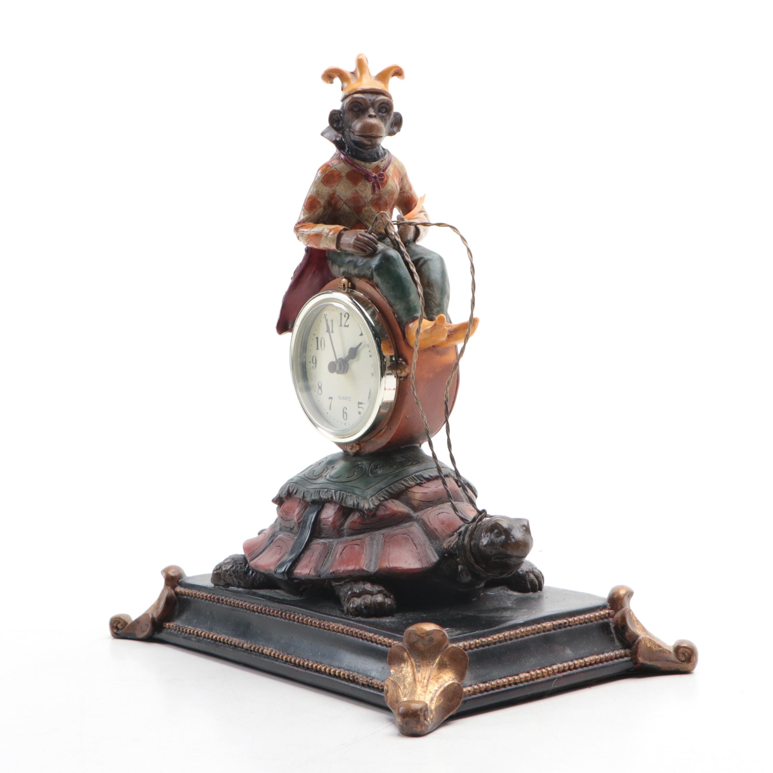 Mantel Clock with Jester Chimpanzee Riding Turtle