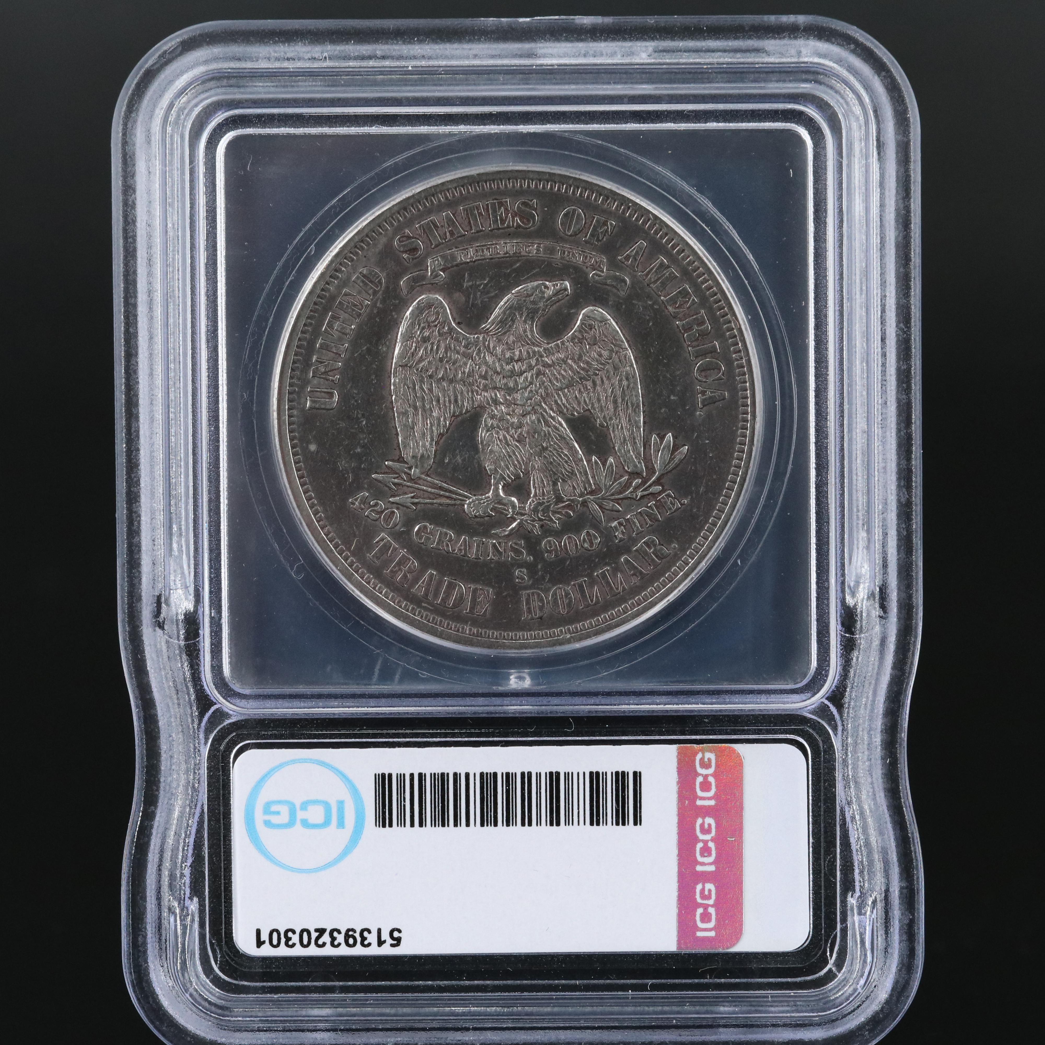 ICG AU53 Details 1876-S Trade Dollar with Chop Marks