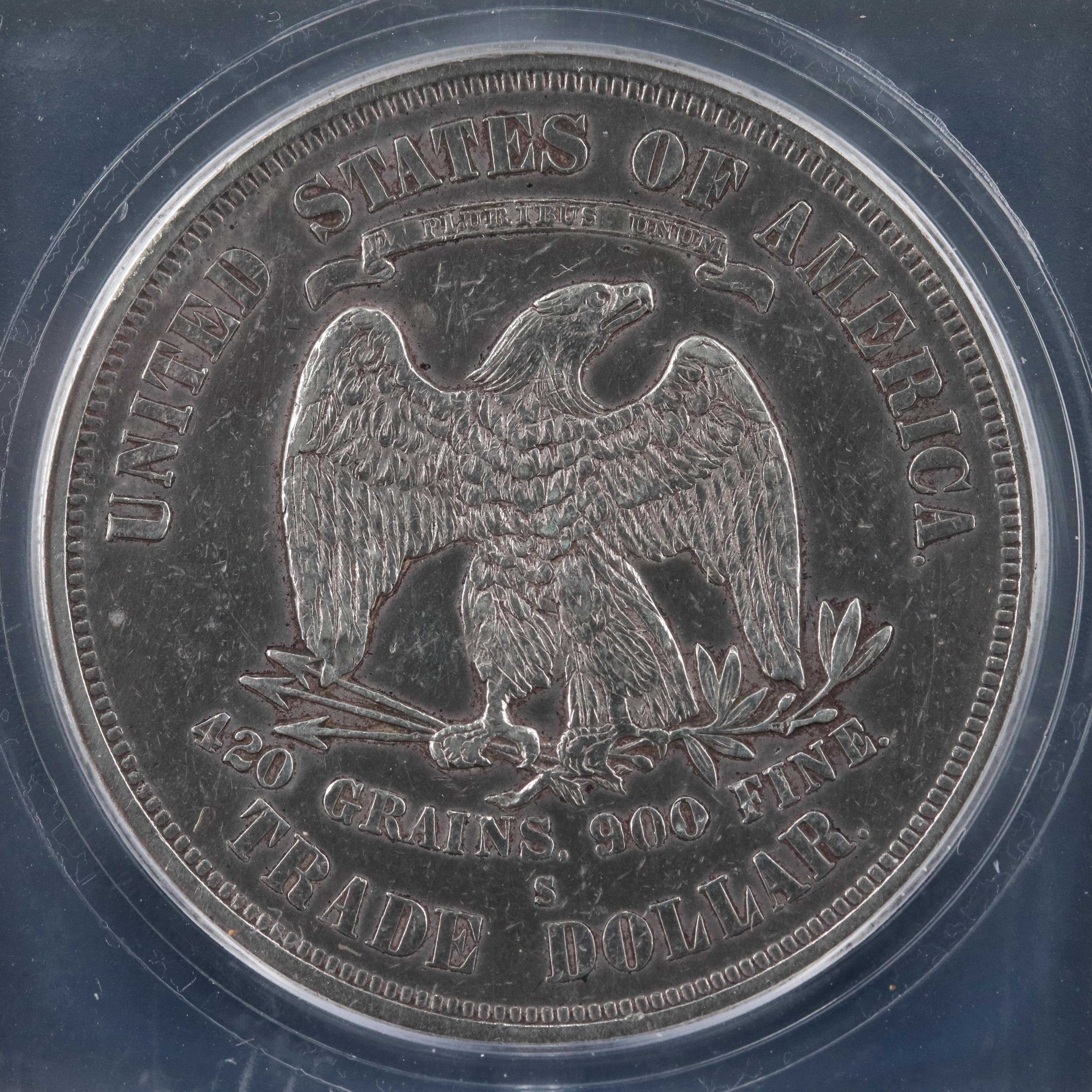 ICG AU53 Details 1876-S Trade Dollar with Chop Marks