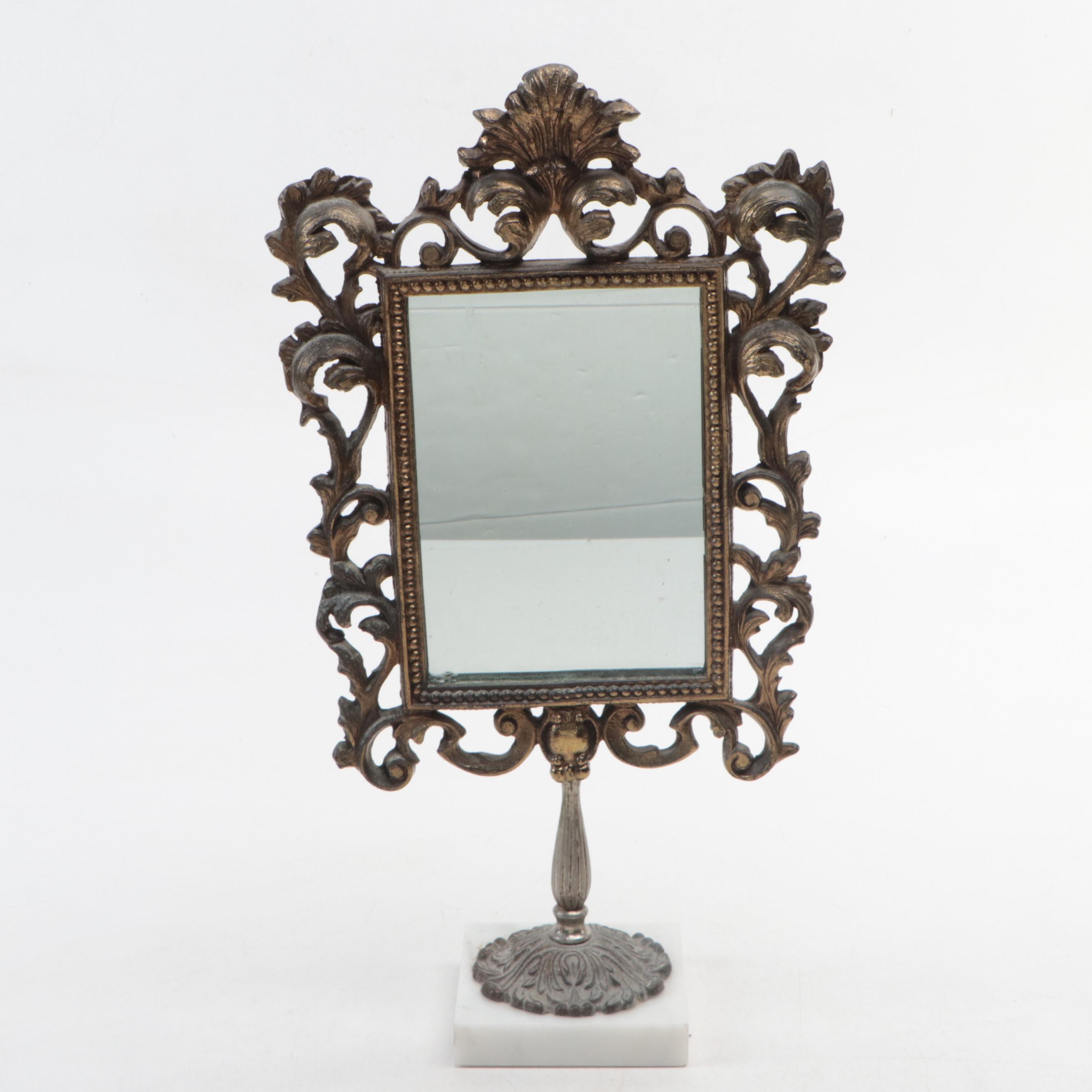 VIctorian Style Cast Metal Vanity Mirror on Marble Base and Gilt Wood Mirror