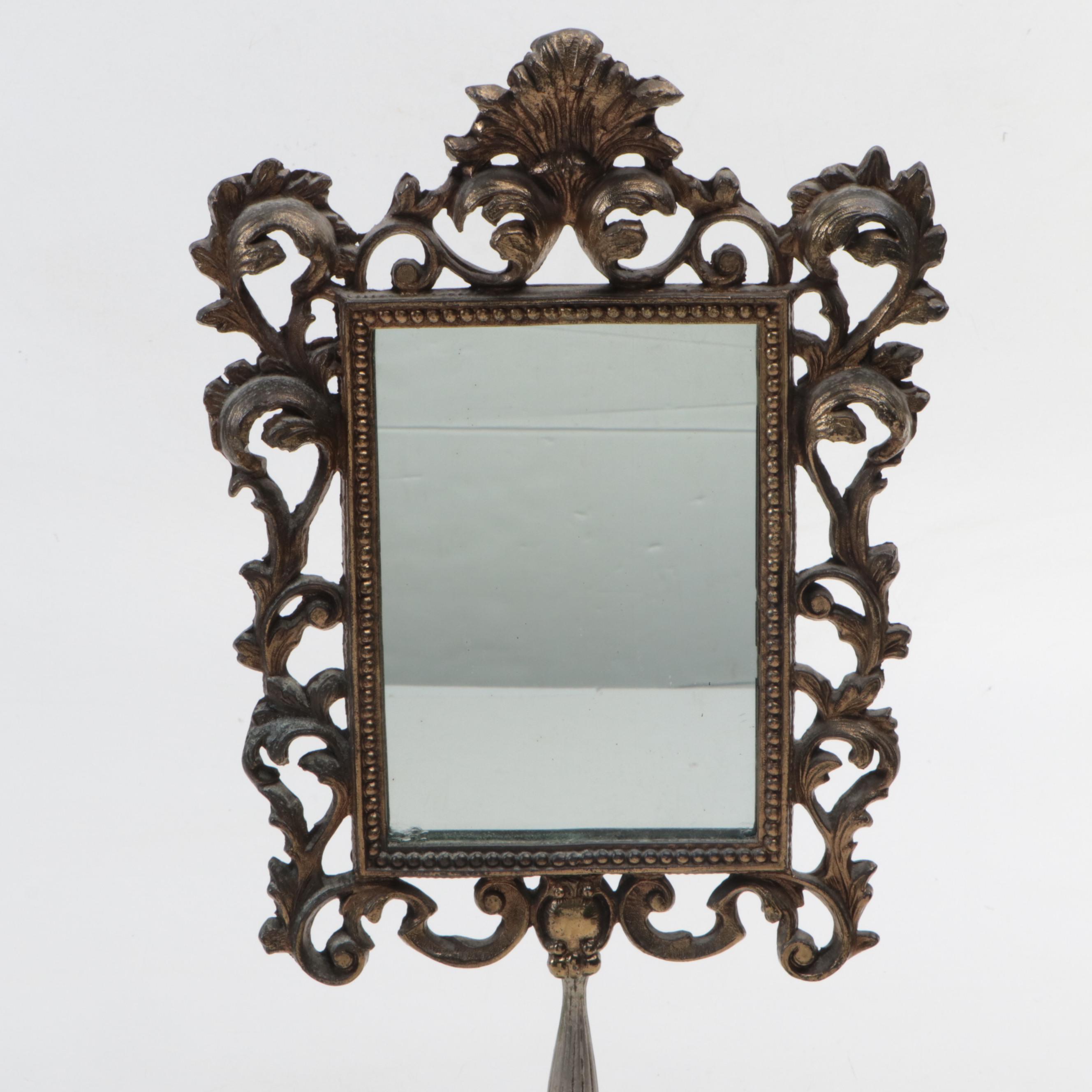 VIctorian Style Cast Metal Vanity Mirror on Marble Base and Gilt Wood Mirror