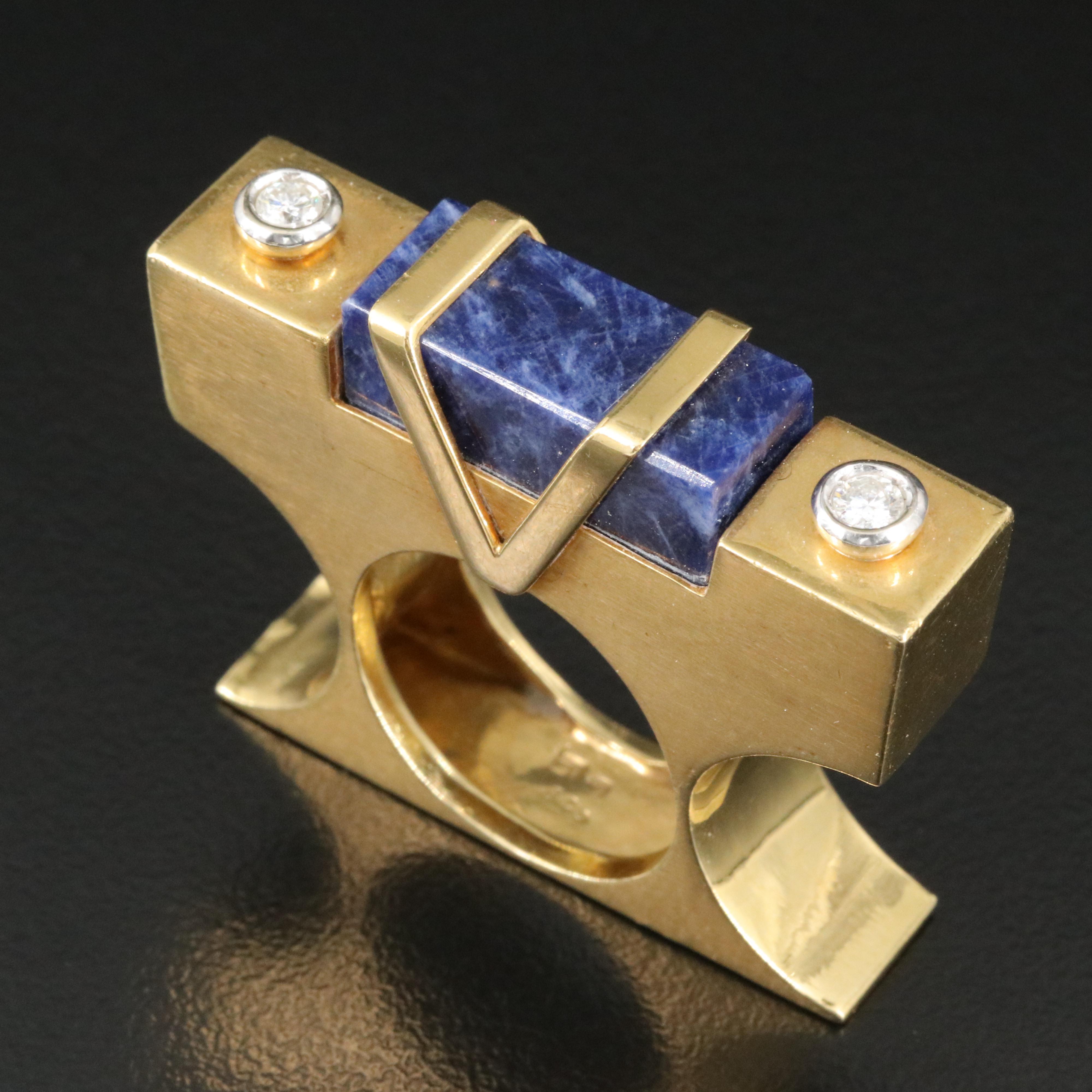 18K Sodalite and Diamond Architectural Between the Finger Ring, Signed GAMO