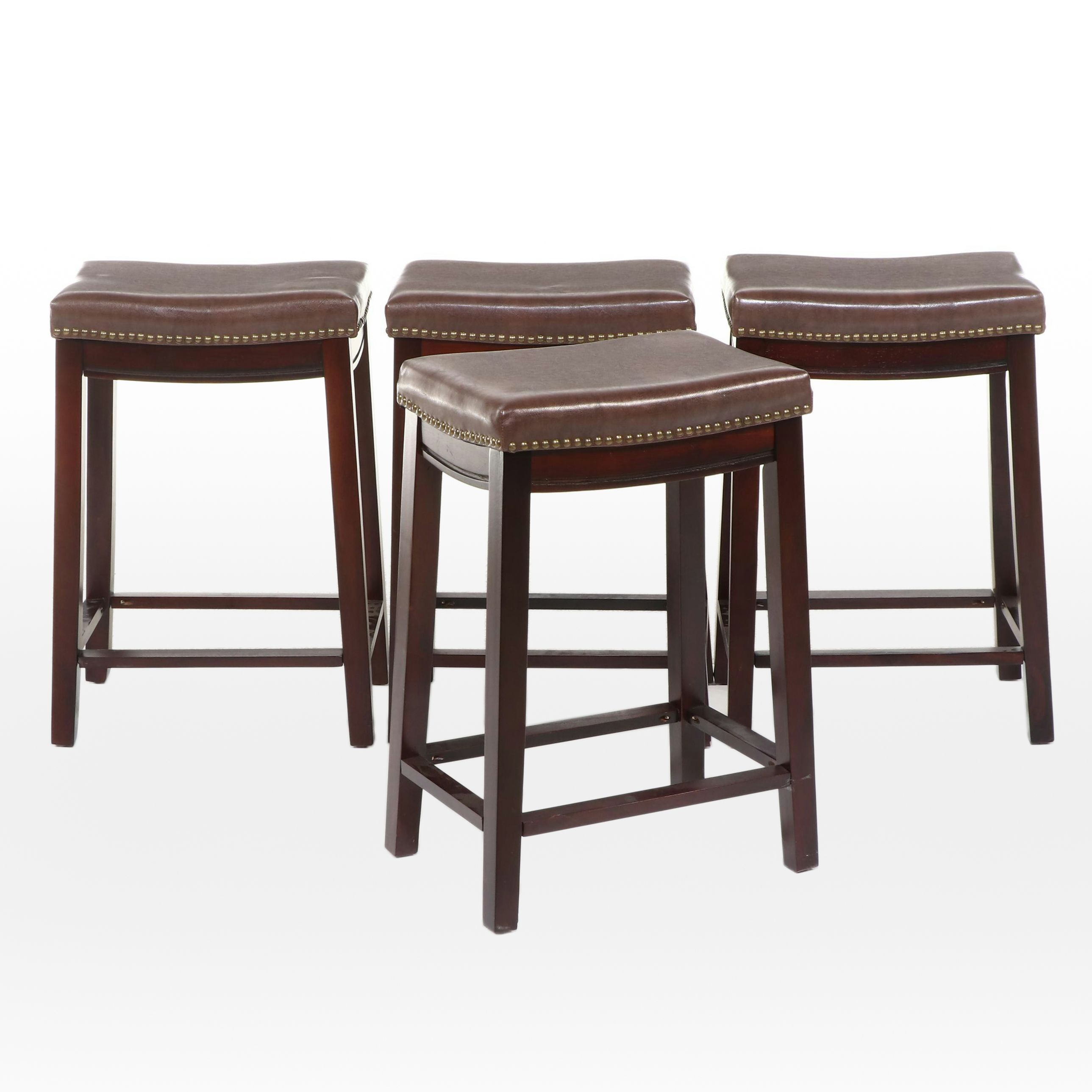 Set of Four Linon Stools Wood and Faux Leather Stools with Nailhead Trim