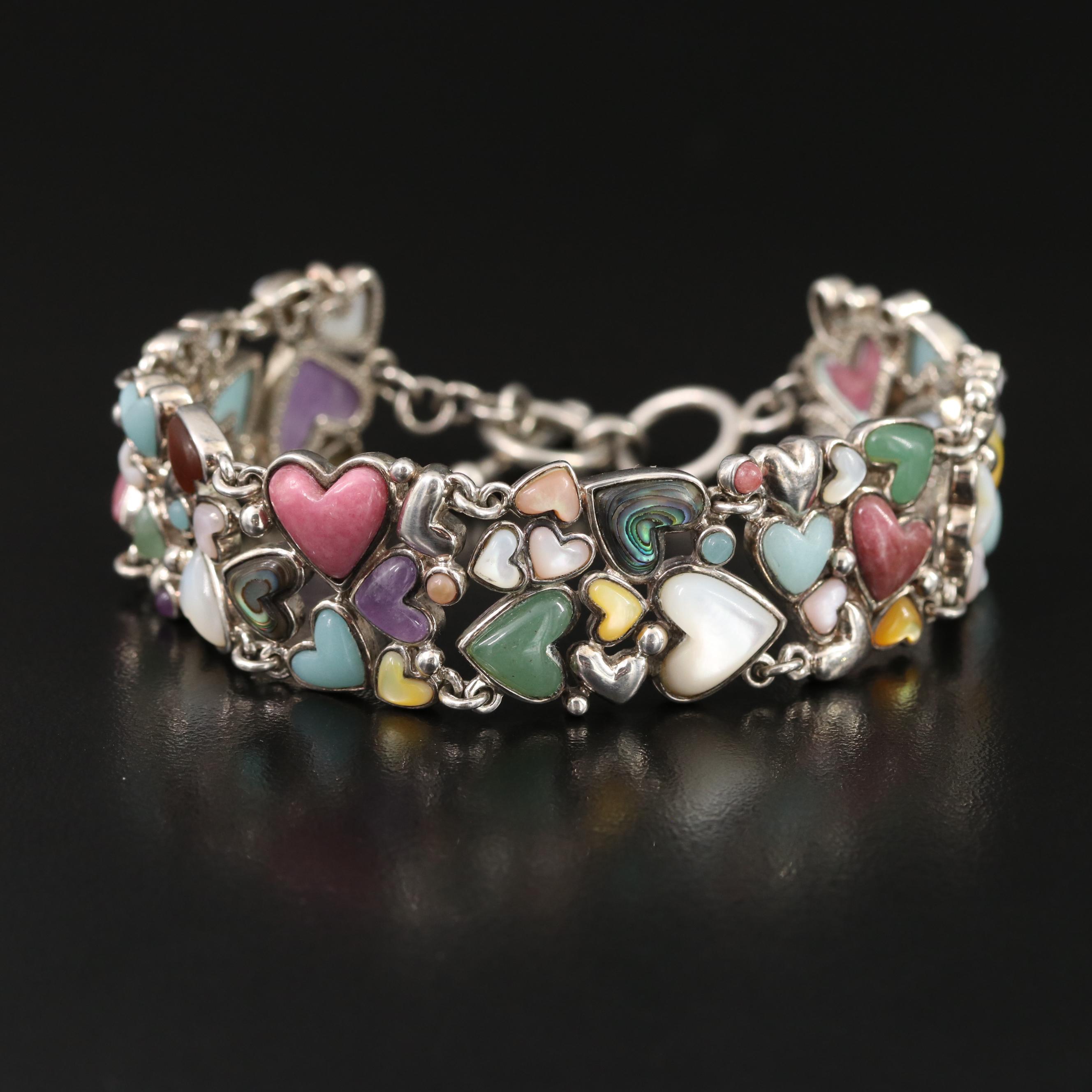 Sterling Gemstone Heart Bracelet Including Mother-of-Pearl, Abalone and Amethyst