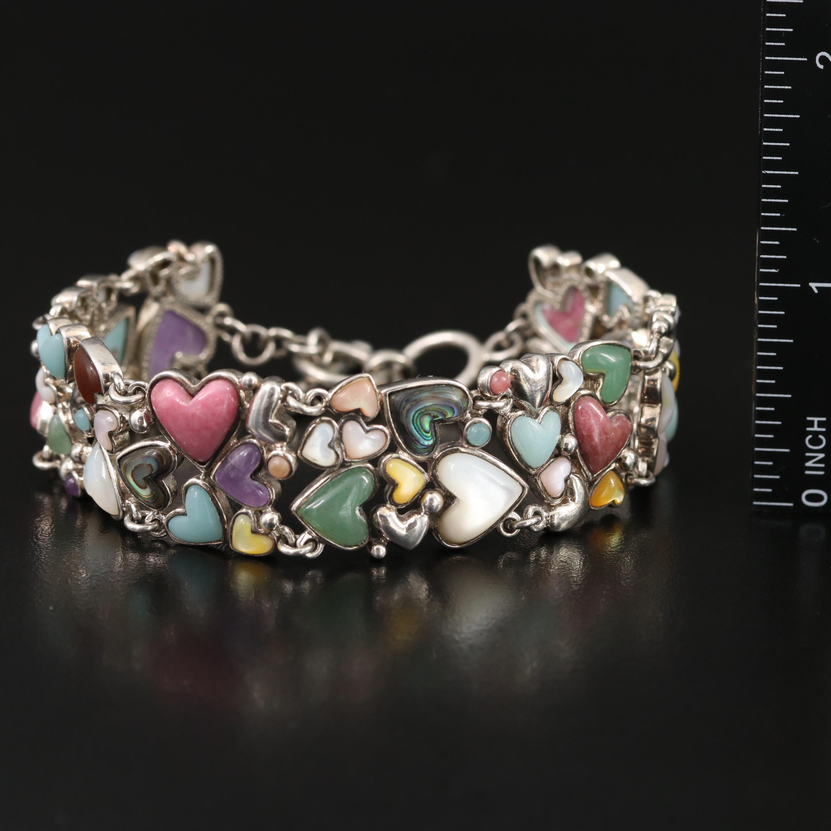 Sterling Gemstone Heart Bracelet Including Mother-of-Pearl, Abalone and Amethyst