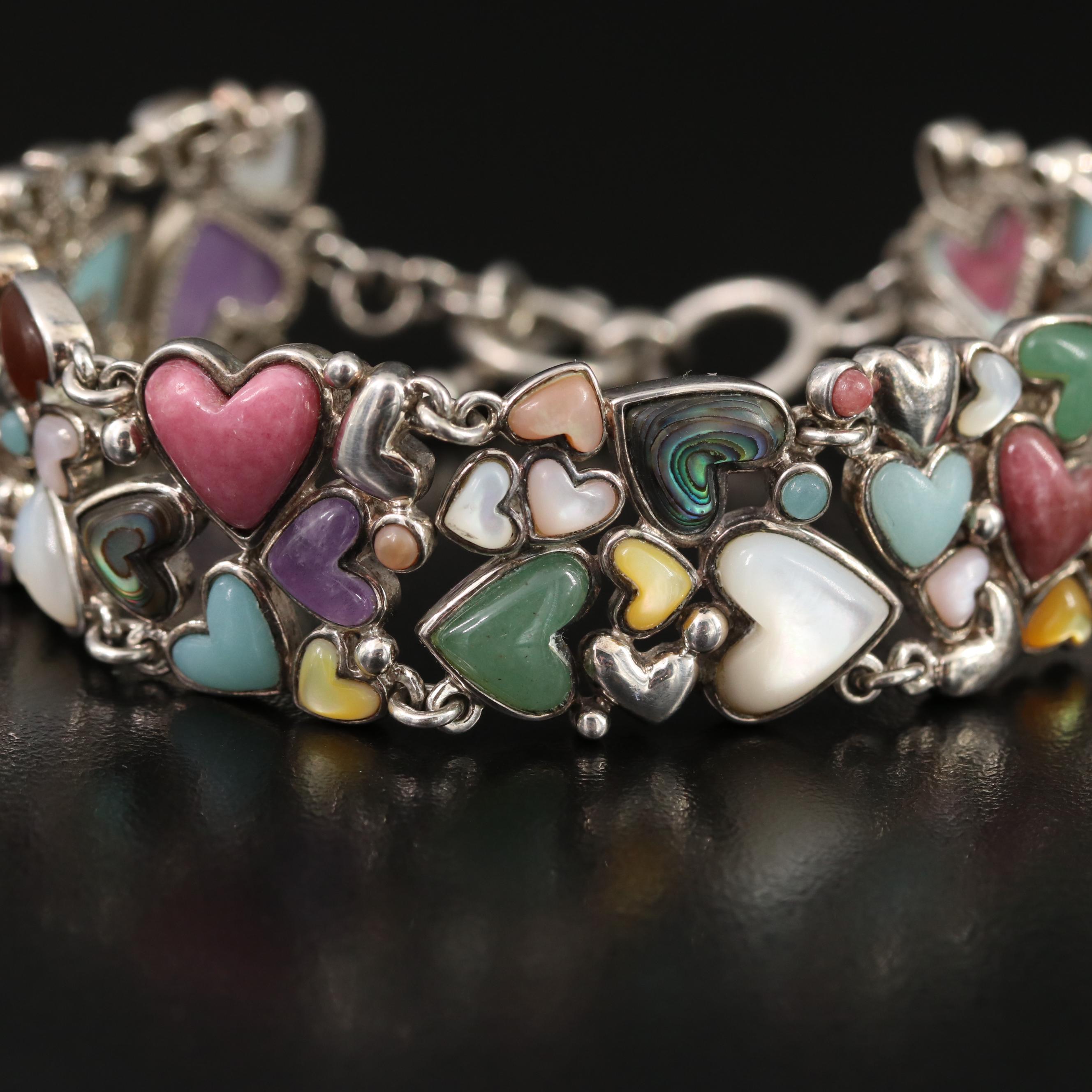 Sterling Gemstone Heart Bracelet Including Mother-of-Pearl, Abalone and Amethyst