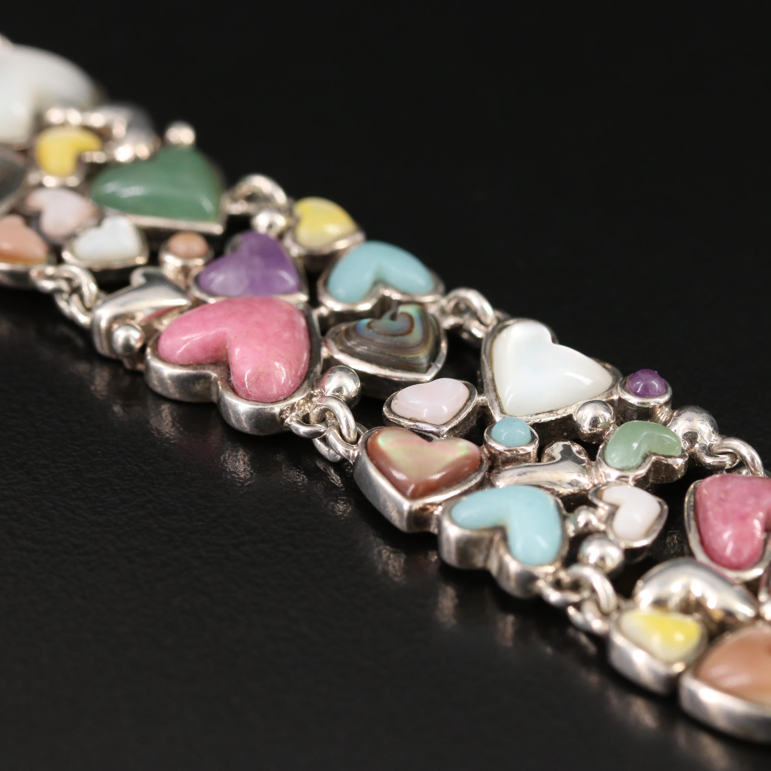 Sterling Gemstone Heart Bracelet Including Mother-of-Pearl, Abalone and Amethyst
