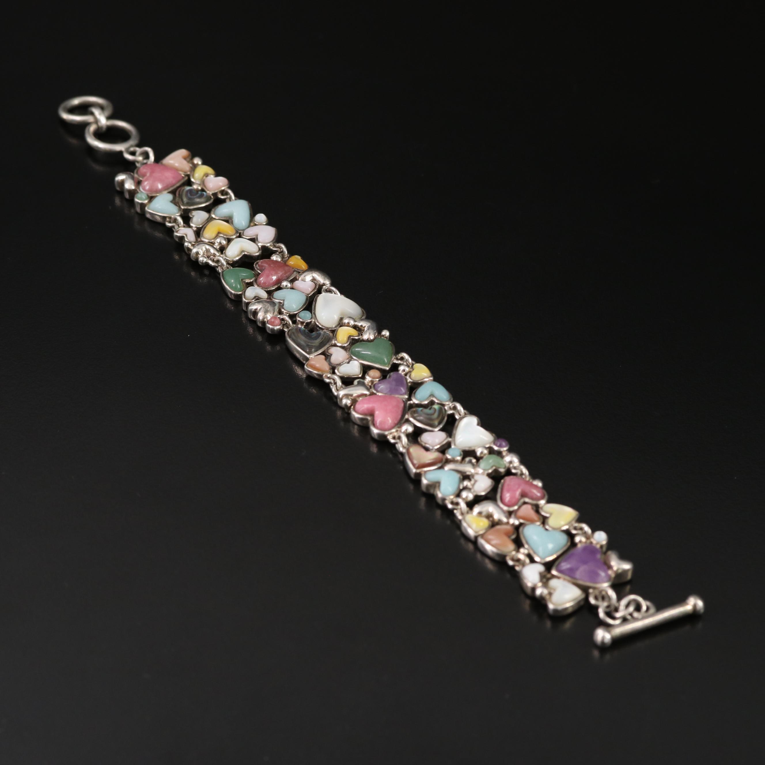 Sterling Gemstone Heart Bracelet Including Mother-of-Pearl, Abalone and Amethyst