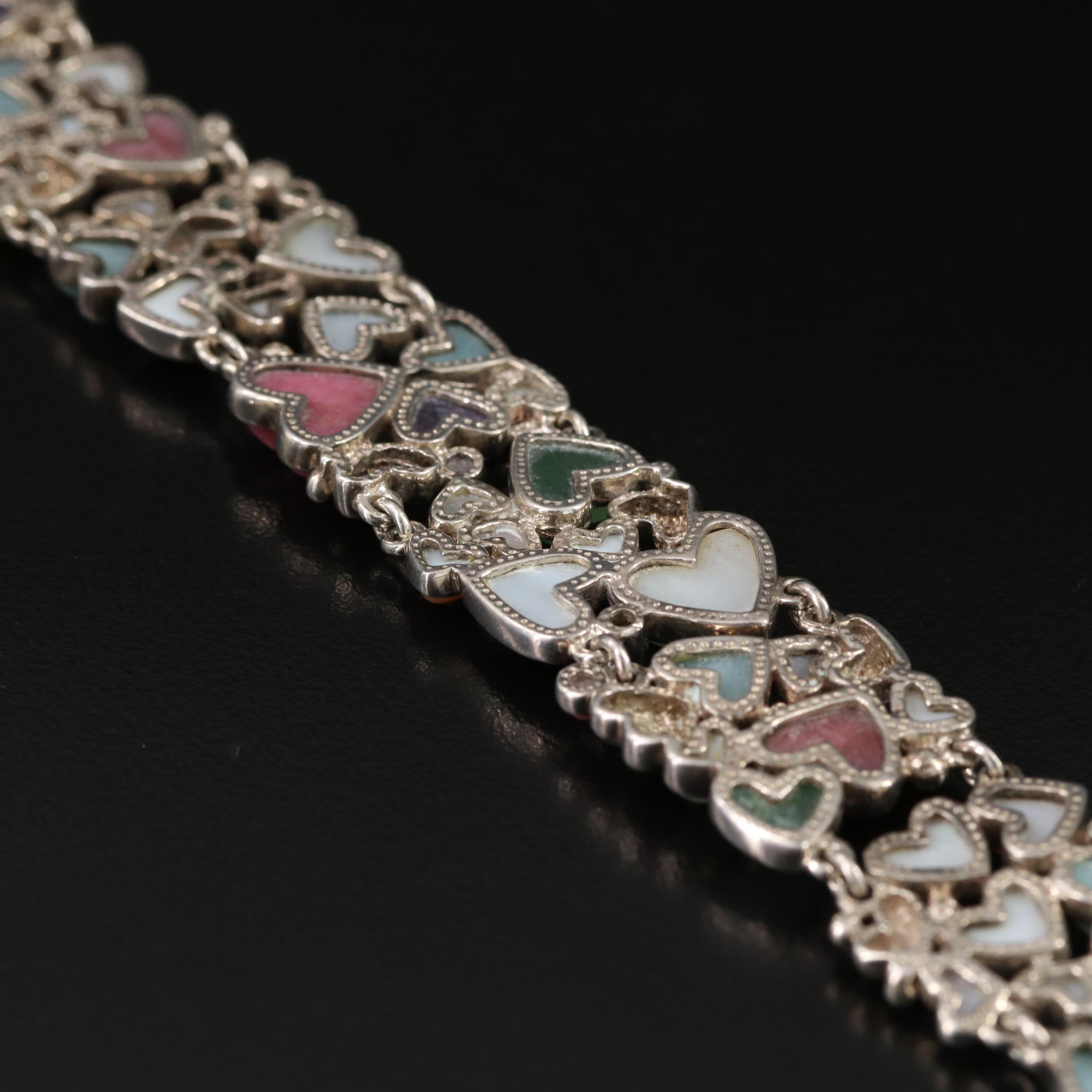 Sterling Gemstone Heart Bracelet Including Mother-of-Pearl, Abalone and Amethyst