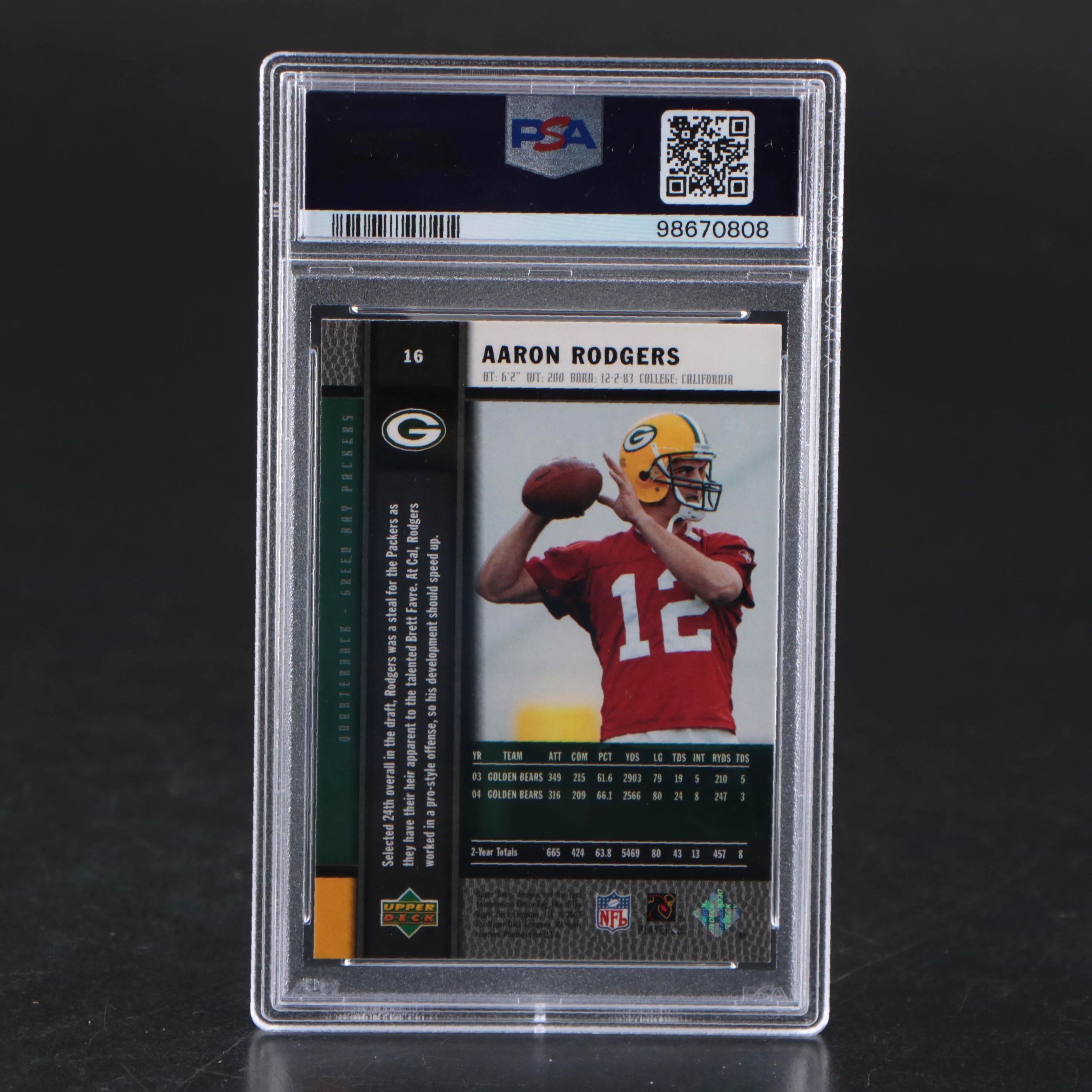 2005 Upper Deck Rookie Premiere Aaron Rodgers Football Card #16 Graded PSA 9
