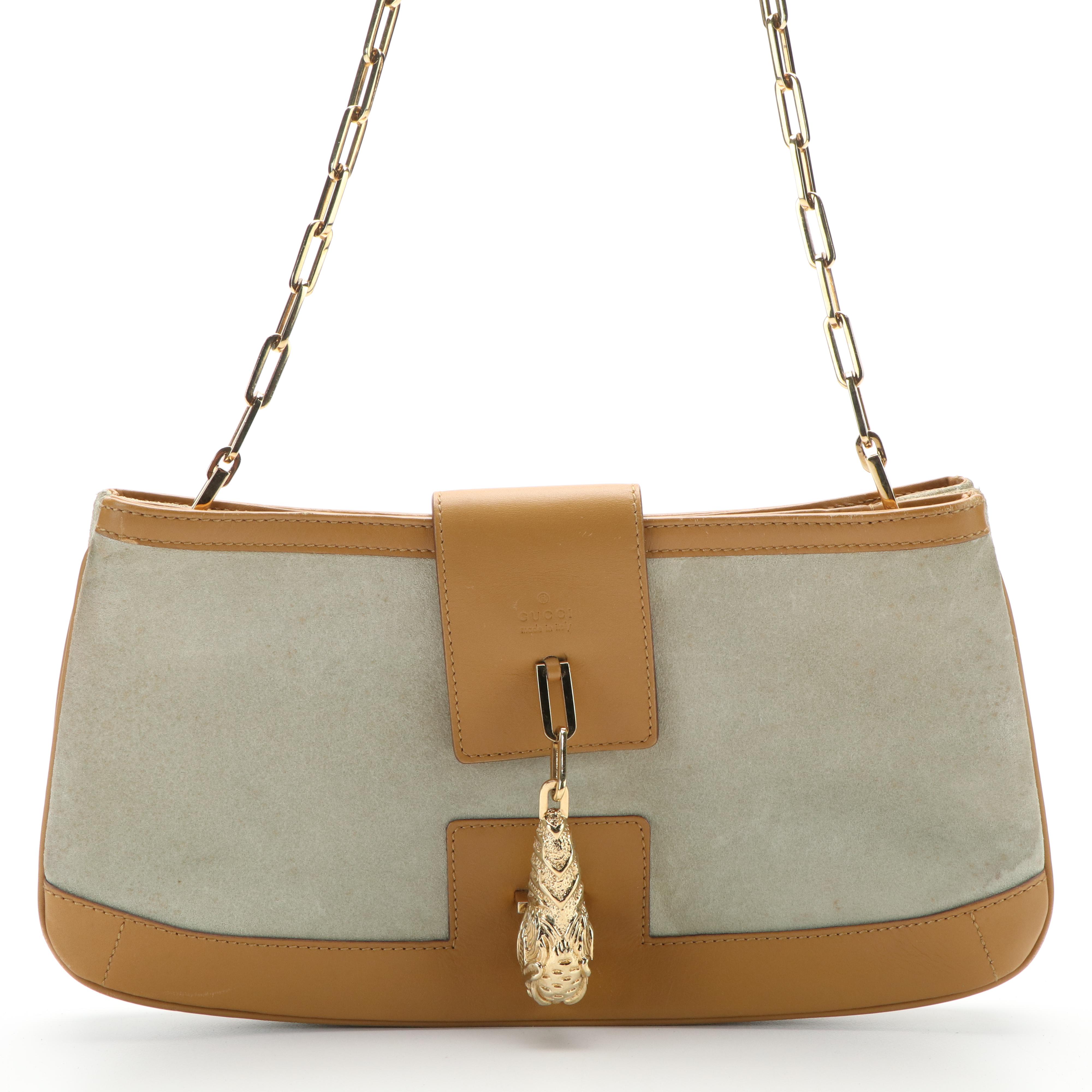Gucci Tiger Charm Shoulder Bag in Neutral Suede and Leather