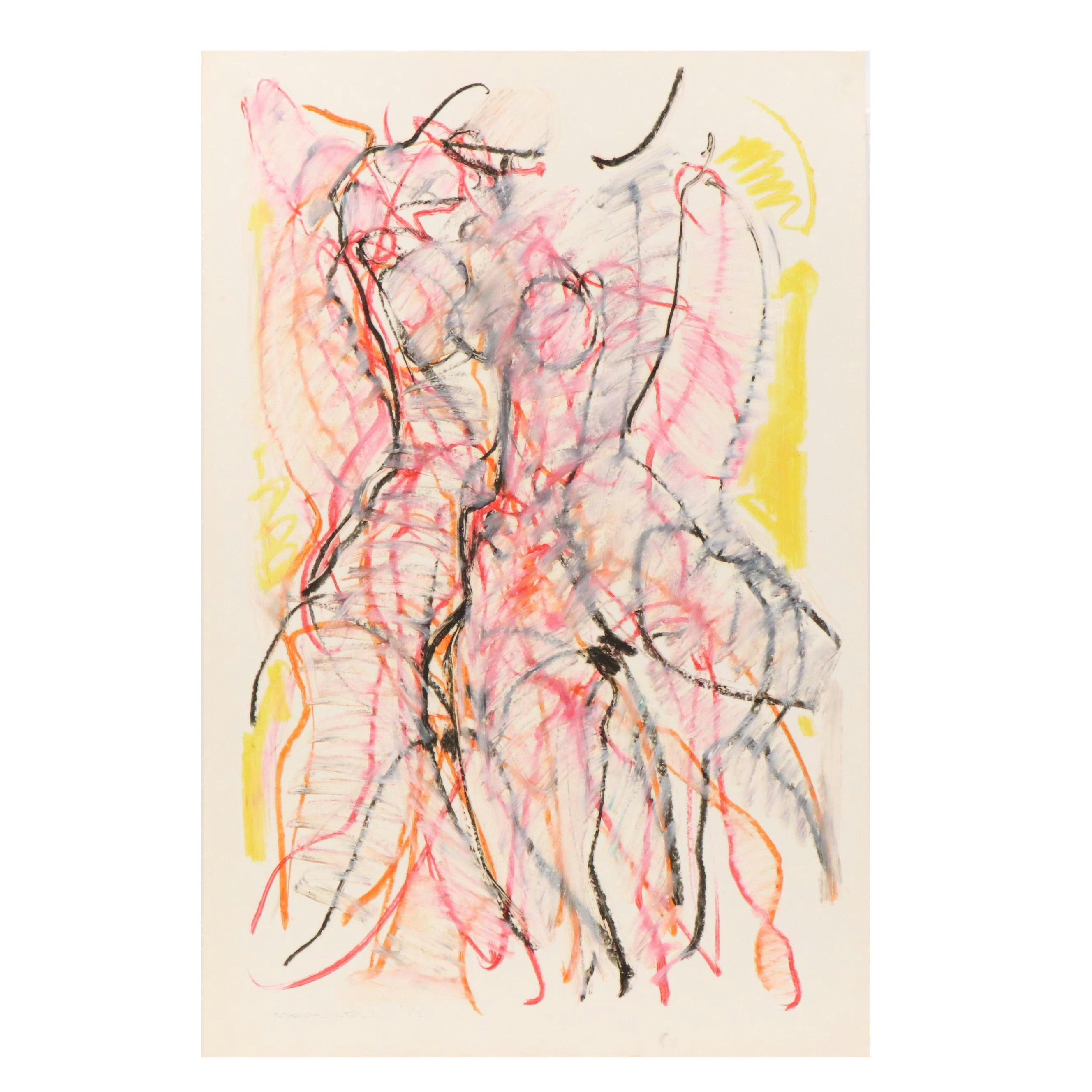 Jack Meanwell Expressionist Oil Pastel Figure Drawing, Late 20th Century