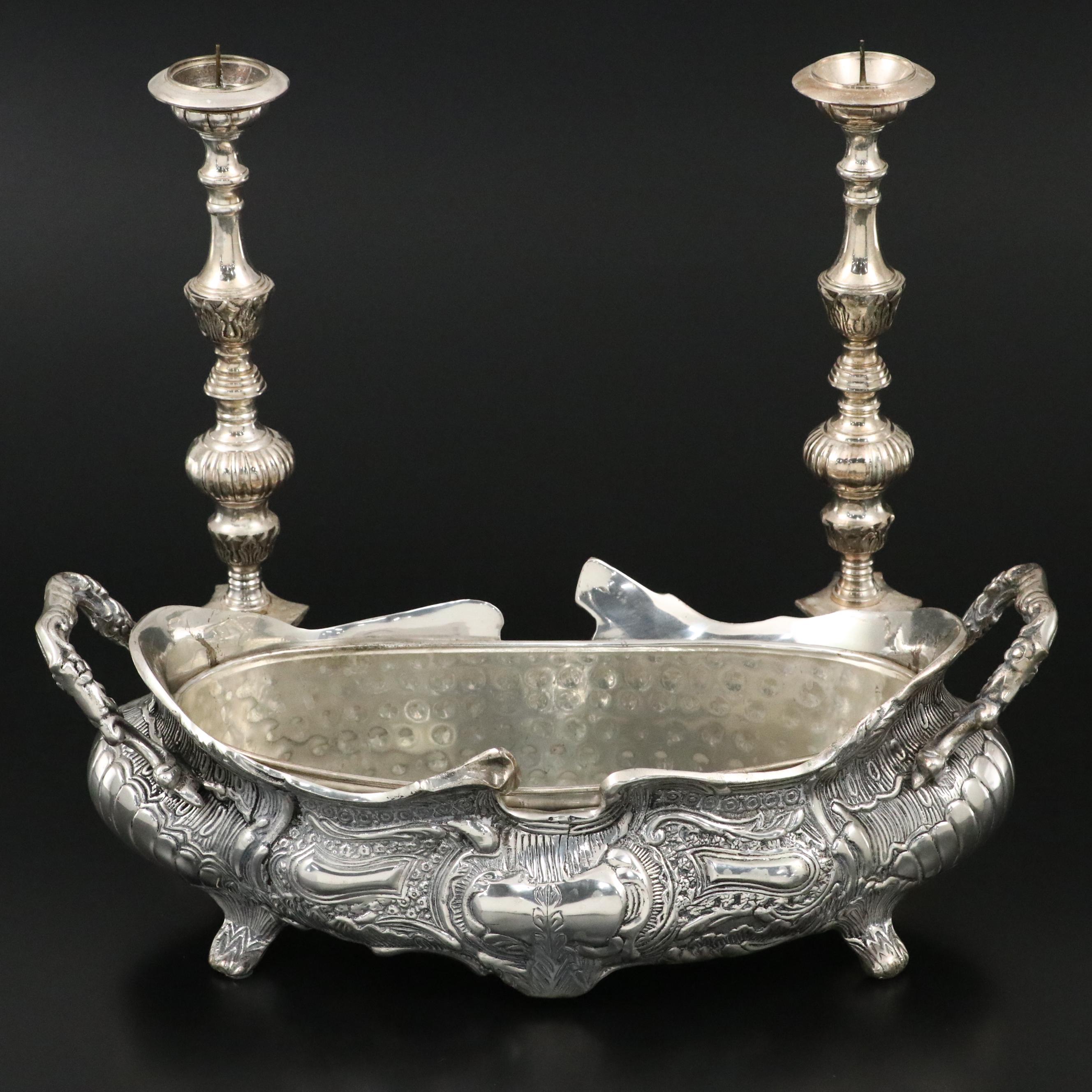 Baroque Silver Plate Altar Style Candle Prickets and Oval Centerpiece Bowl