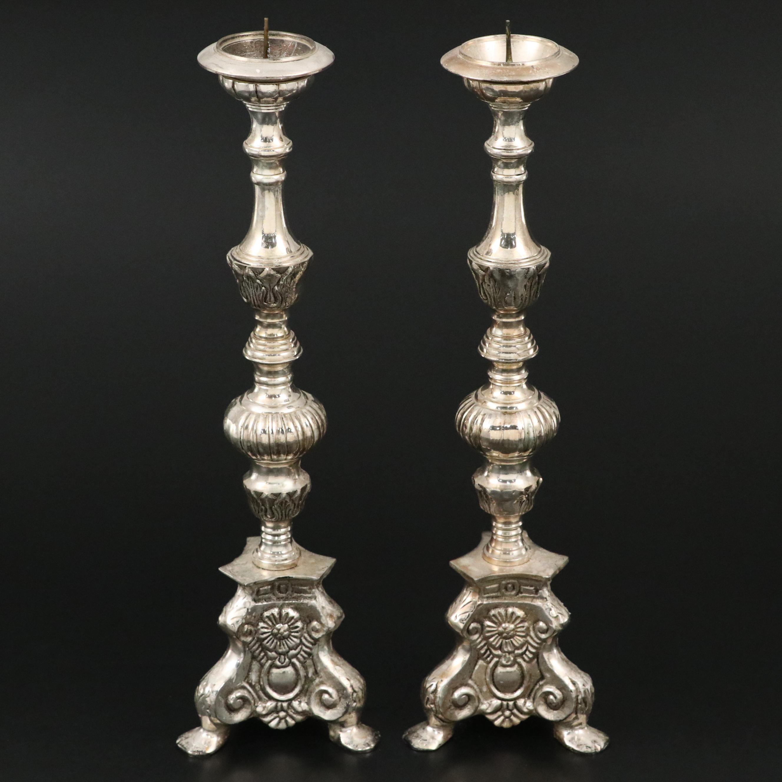 Baroque Silver Plate Altar Style Candle Prickets and Oval Centerpiece Bowl