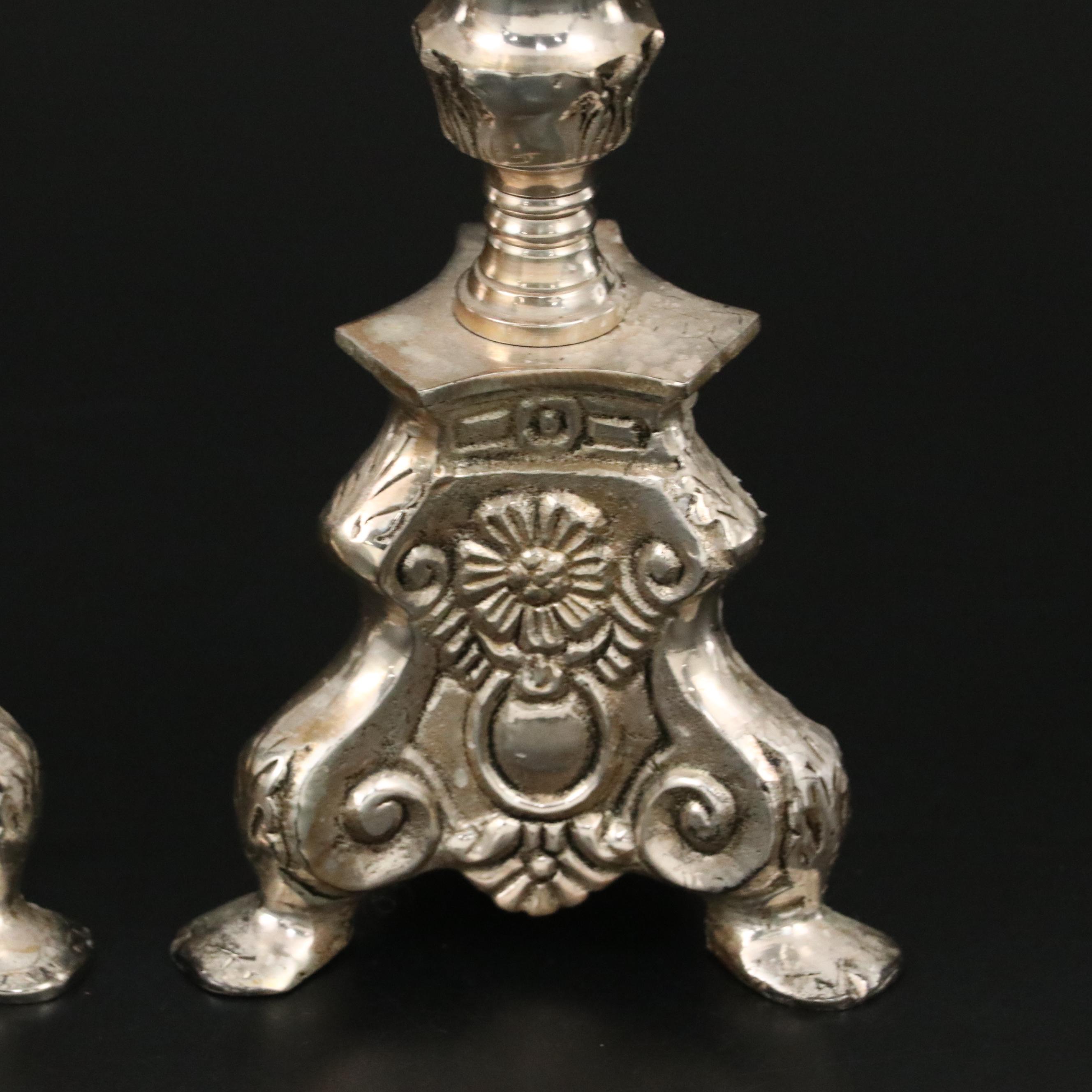 Baroque Silver Plate Altar Style Candle Prickets and Oval Centerpiece Bowl