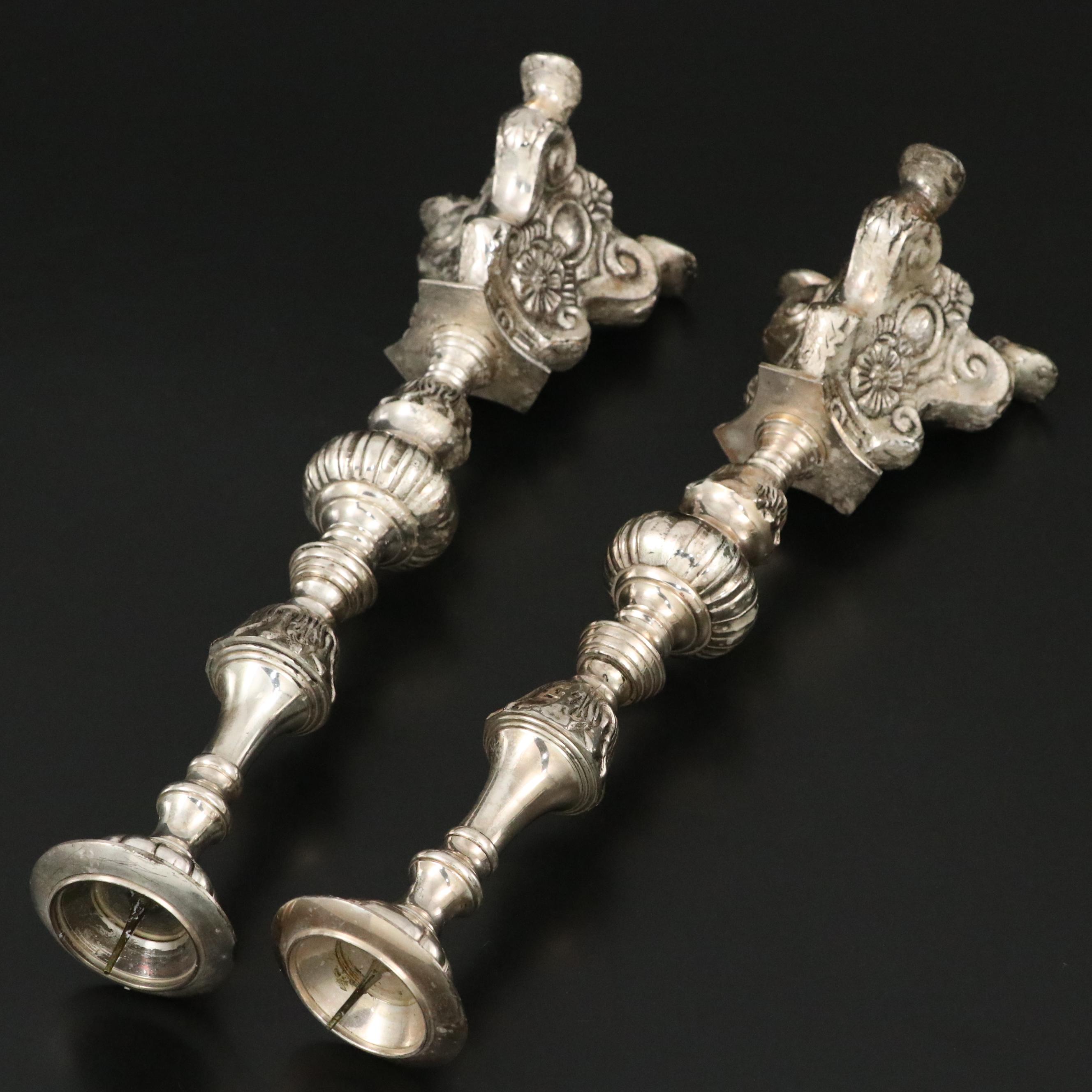 Baroque Silver Plate Altar Style Candle Prickets and Oval Centerpiece Bowl