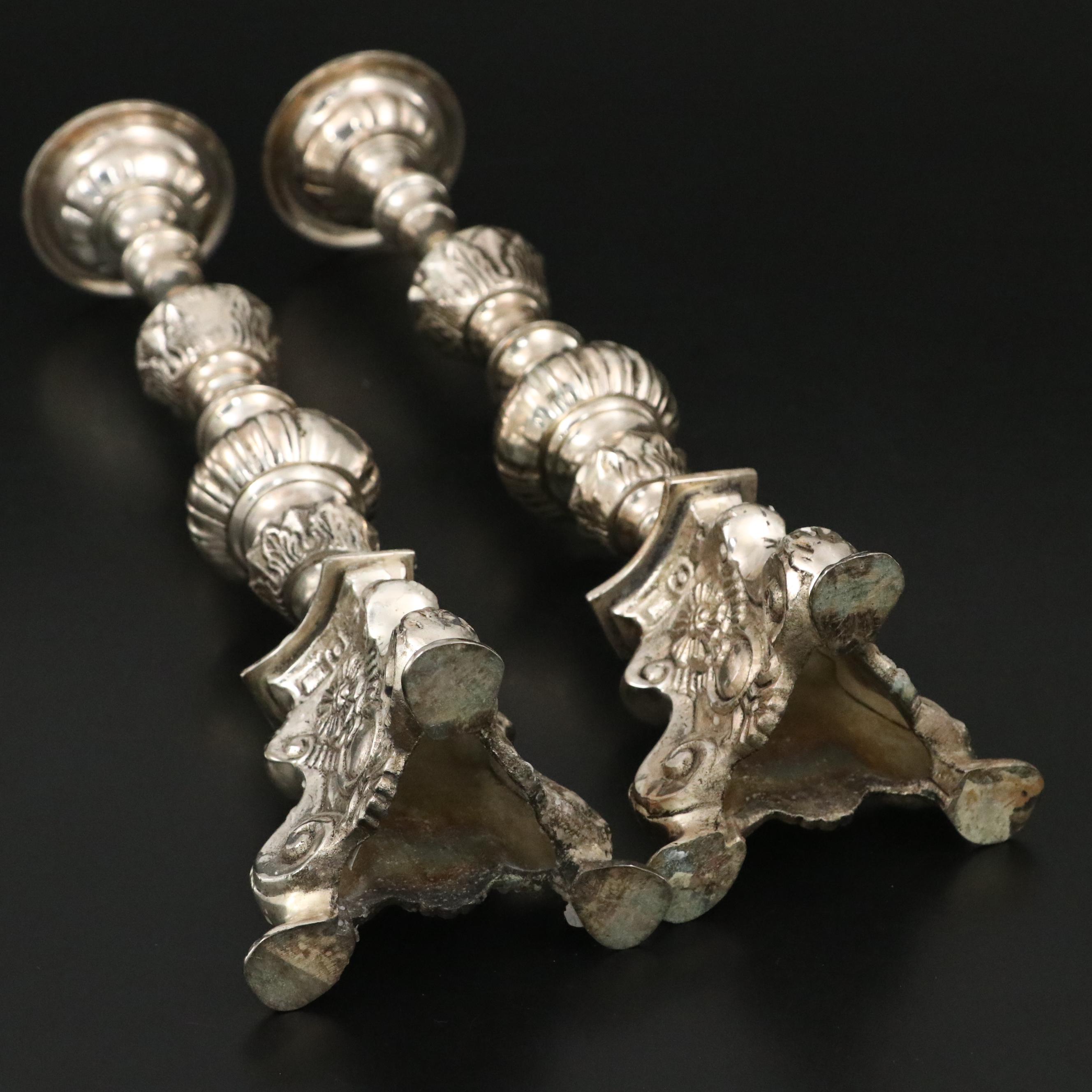 Baroque Silver Plate Altar Style Candle Prickets and Oval Centerpiece Bowl