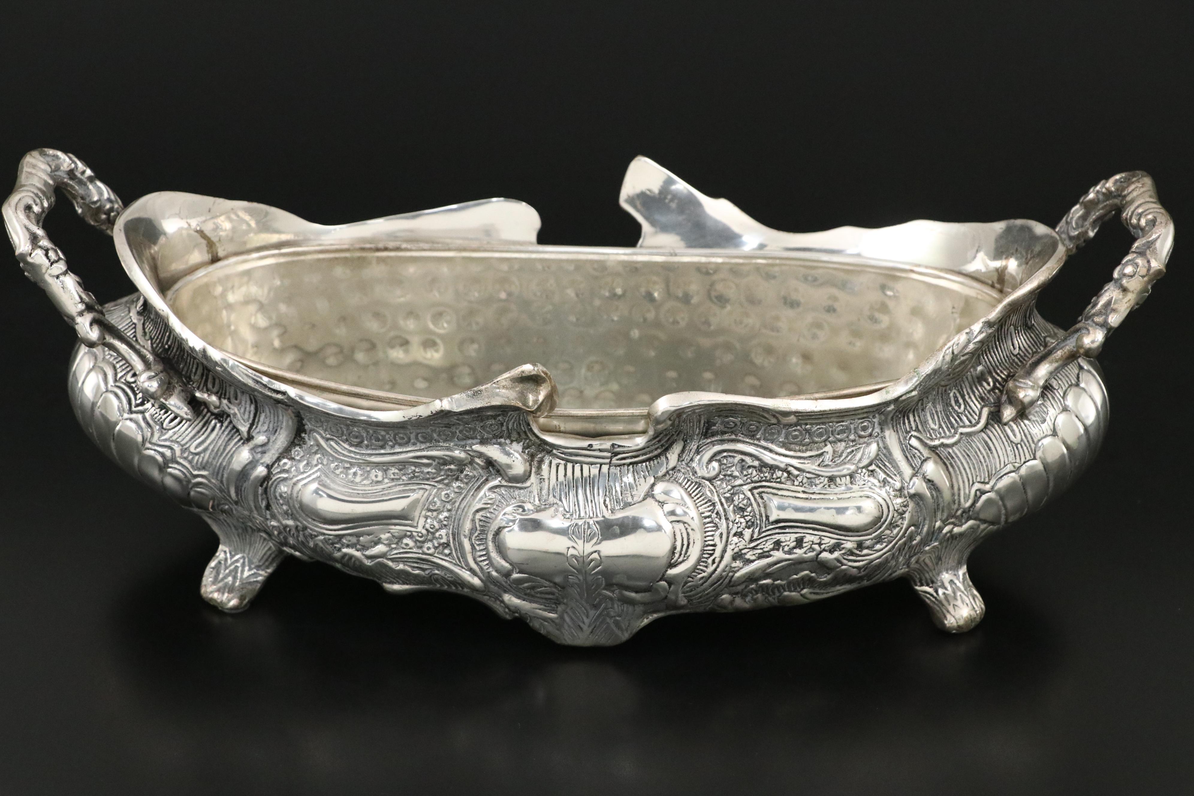 Baroque Silver Plate Altar Style Candle Prickets and Oval Centerpiece Bowl