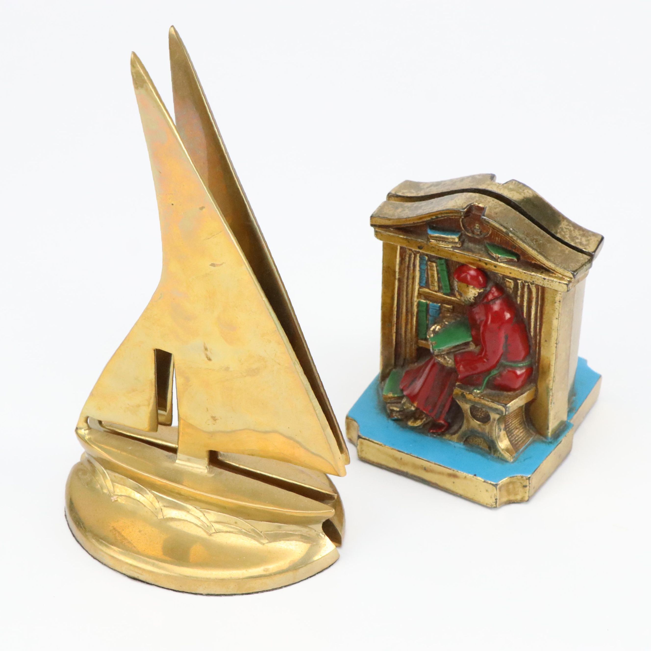 Ronson Painted Cast Brass Reading Monk and Indian Brass Sailboat Bookends