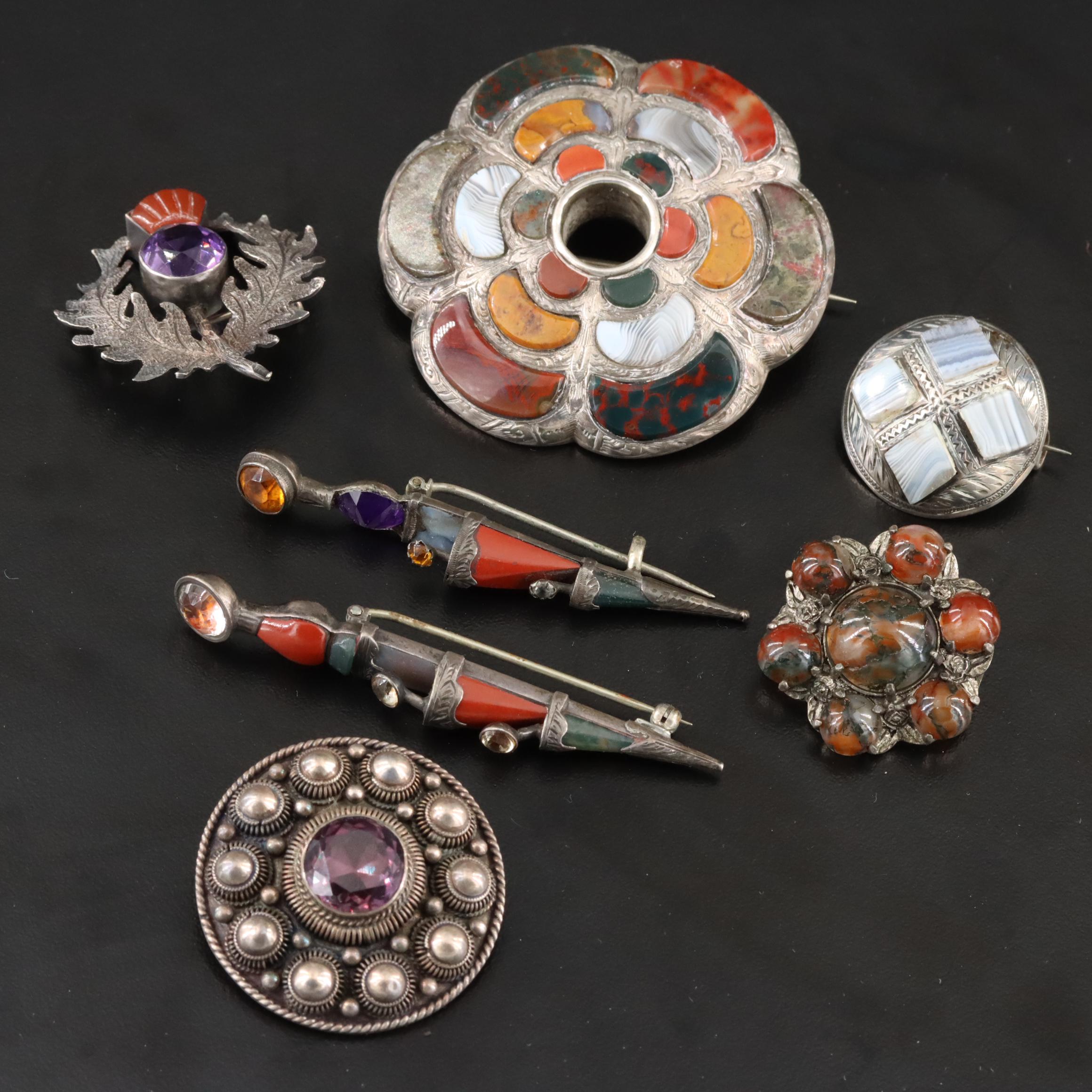 Antique and Vintage Scottish Style Pebble Brooches with Agate and Jasper