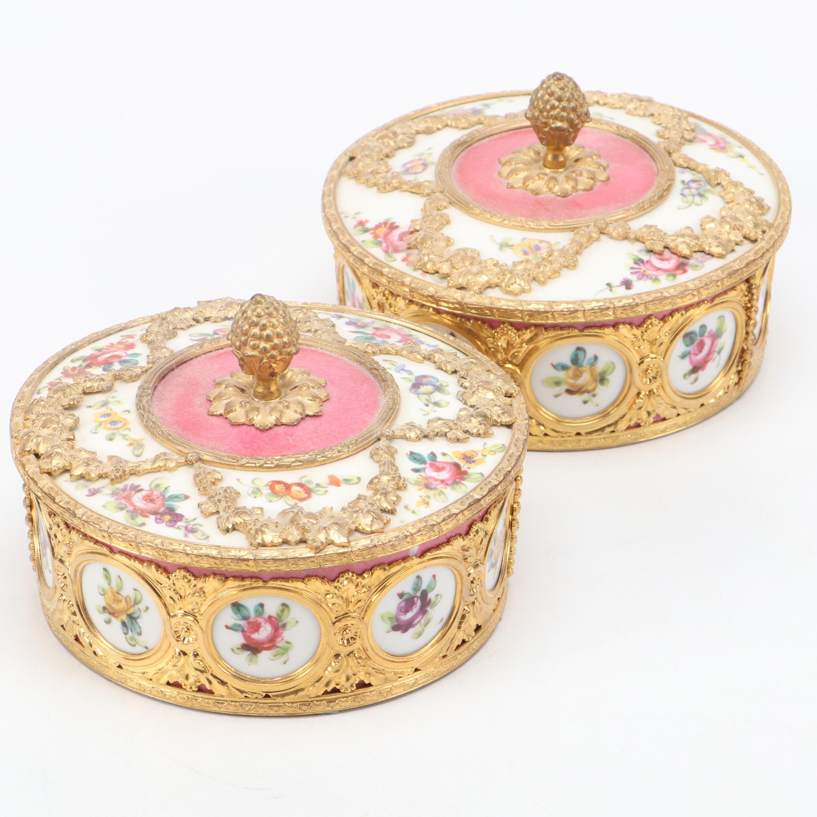 Pair of French Ormolu Mounted Fond Rose Porcelain Dresser Boxes