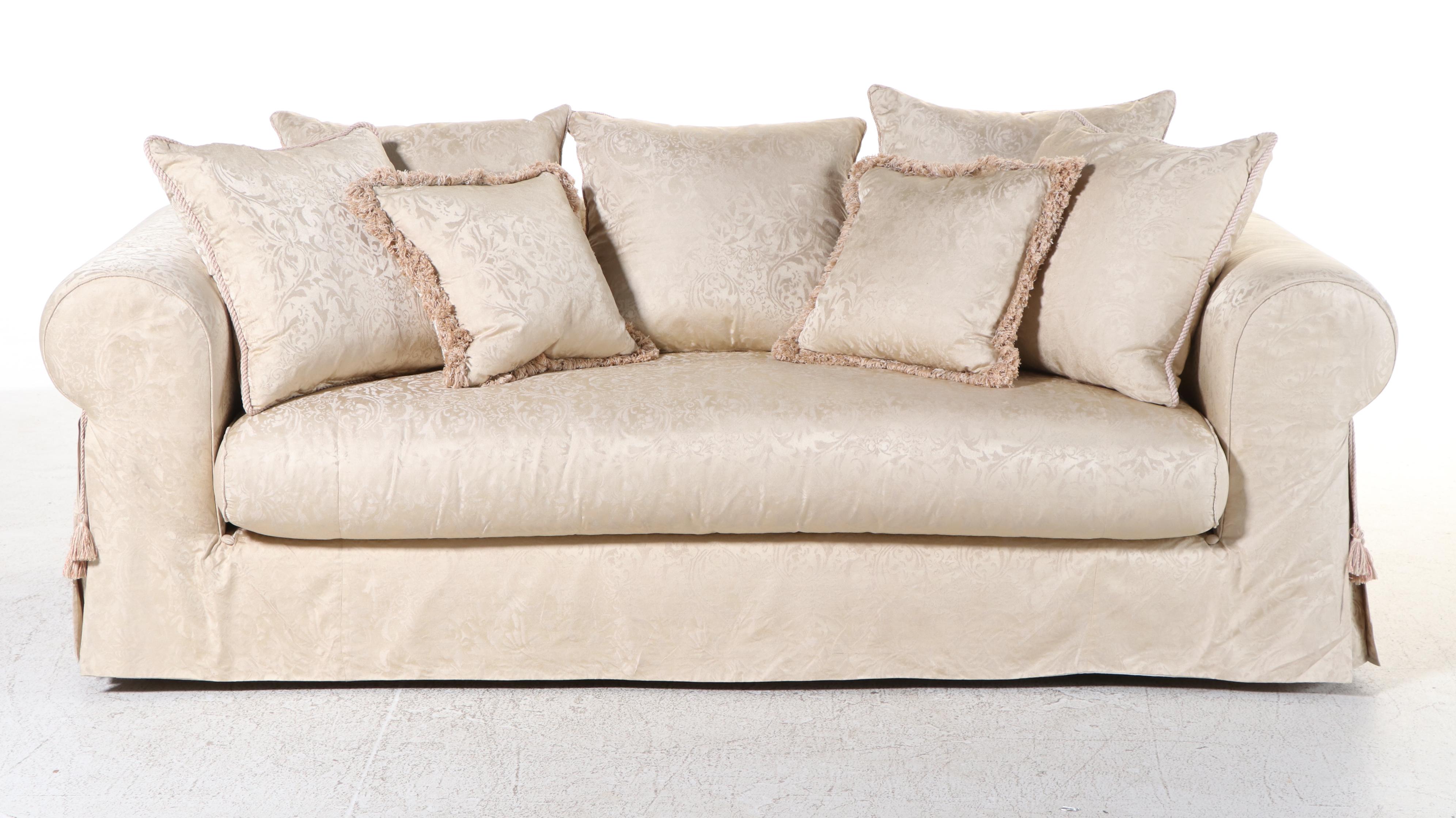 Marge Carson Inc. Scrolled Arm Overstuffed Sofa with Accent Pillows