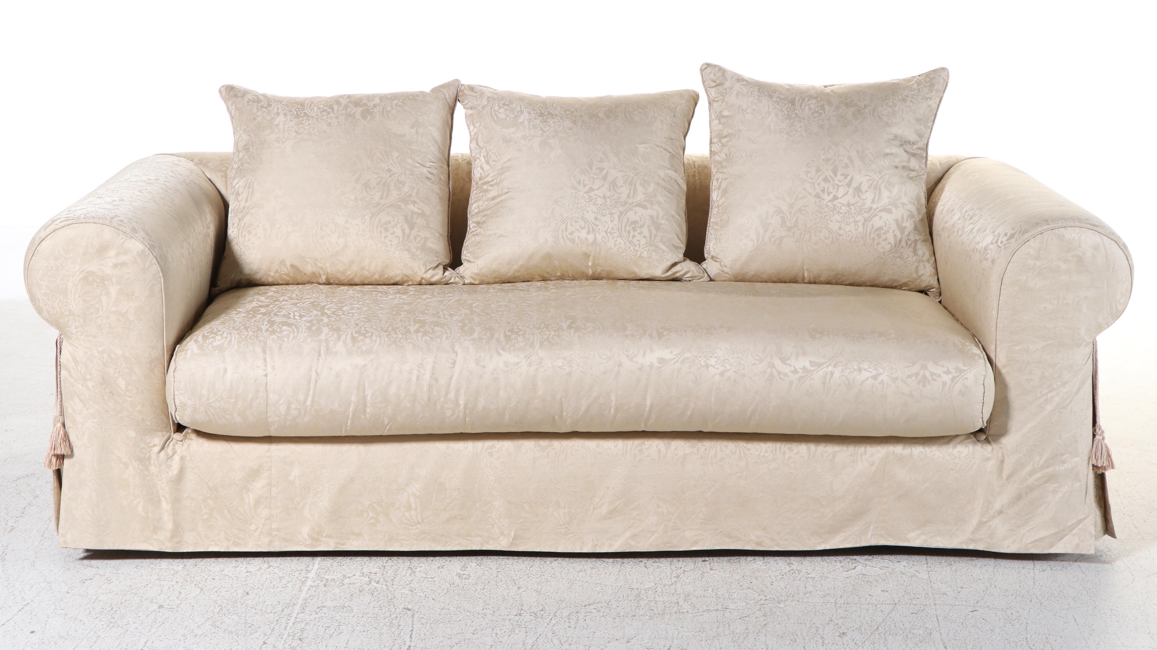 Marge Carson Inc. Scrolled Arm Overstuffed Sofa with Accent Pillows