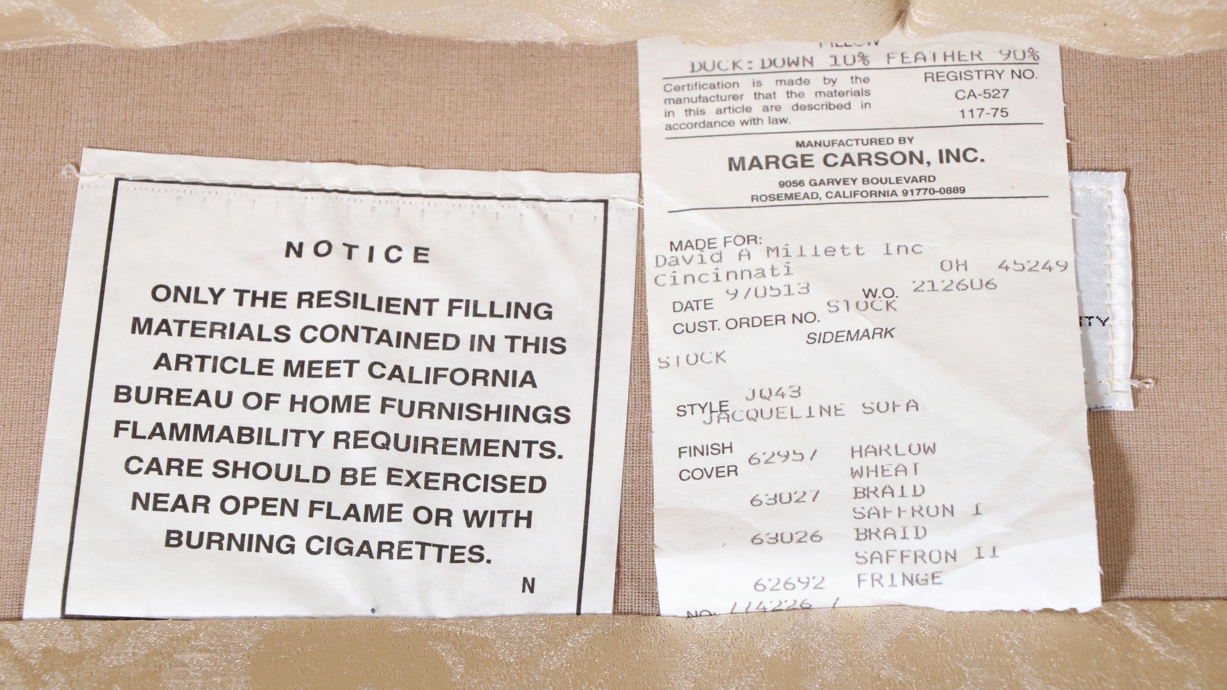 Marge Carson Inc. Scrolled Arm Overstuffed Sofa with Accent Pillows