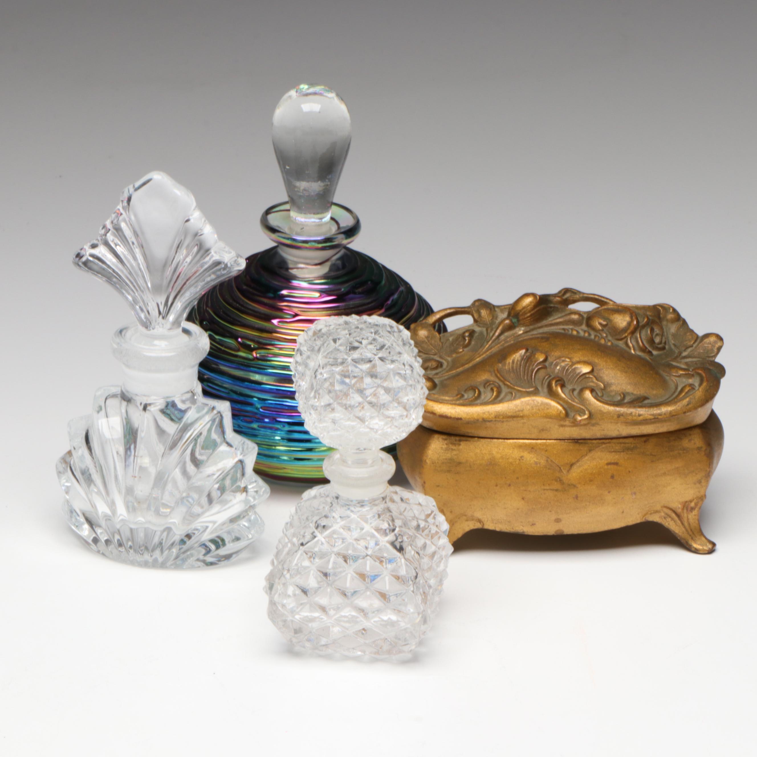 Art Nouveau Style Gilt Metal Jewelry Casket with Other Glass Perfume Bottles