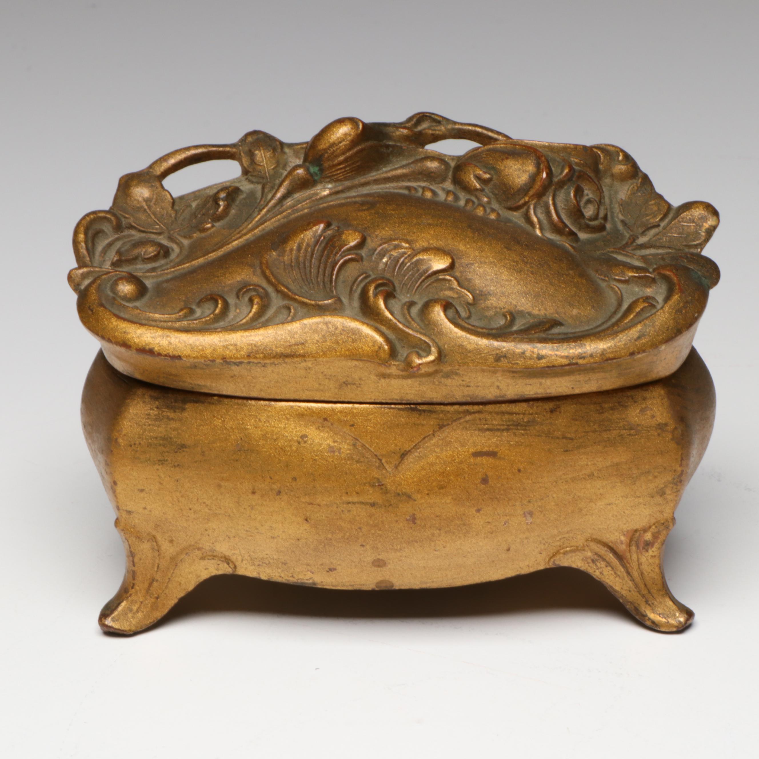 Art Nouveau Style Gilt Metal Jewelry Casket with Other Glass Perfume Bottles